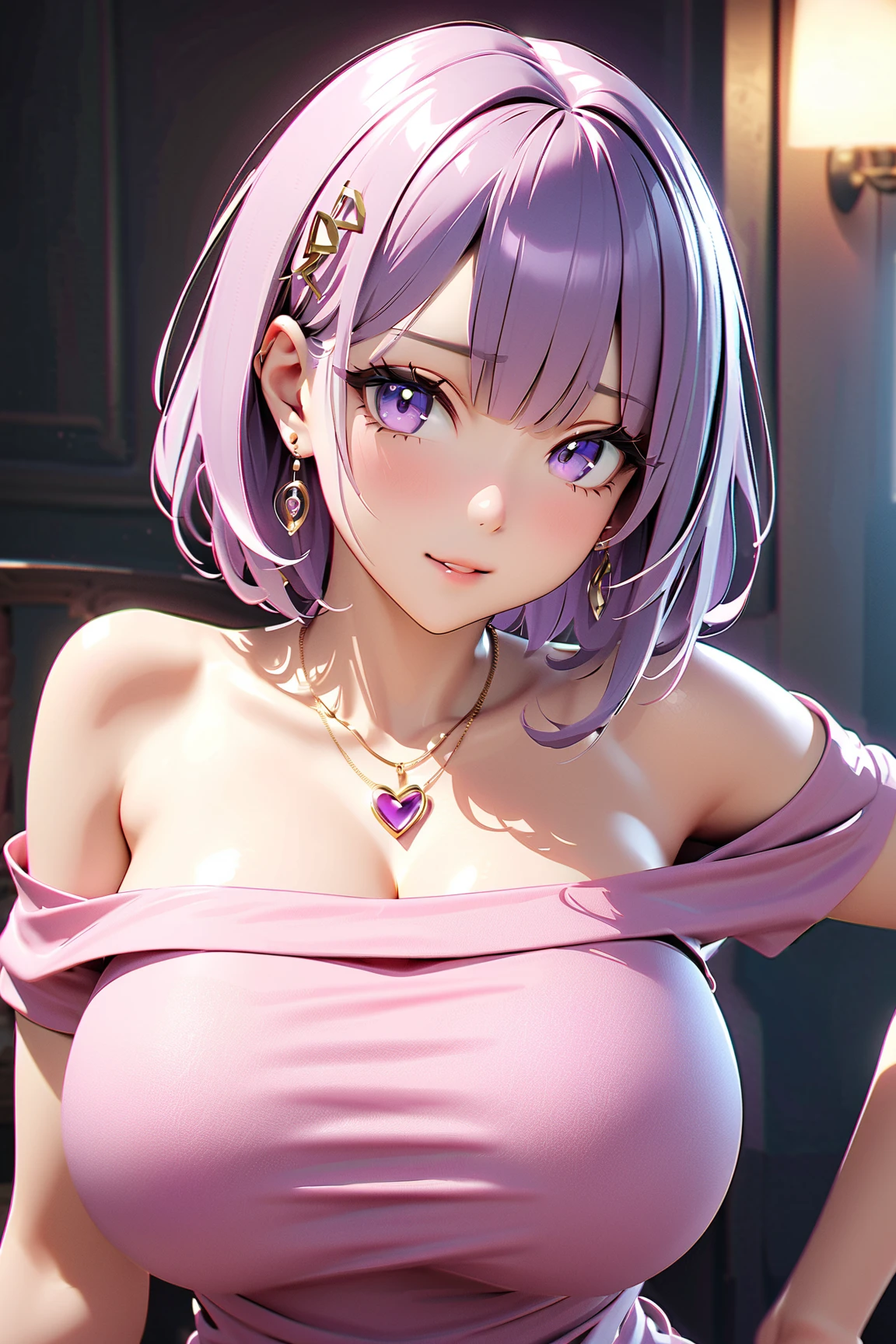 (Masterpiece, BestQuality:1.3), (ultra detailed:1.2), (hyperrealistic:1.3), (RAW photo:1.2), High detail RAW color photo, professional photograph, (Photorealistic:1.4), (realistic:1.4), (Pink Hair:1.5), professional lighting, perfect anatomy, (Big Breasts:1.2), (blush, detailed face), (cheerful Smile:1.5), Trending Hair&Trending Hairカラーをランダムに, earrings, necklace, bracelet, sexly, erotic sexly, Random sexy gravure poses, (A girl in a purple dress and a gold necklace、Sitting elegantly in a luxury hotel lobby。:1.3)