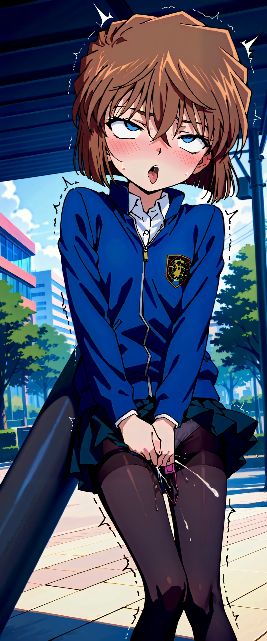 score_9,score_8_up,score_7_up,(nsfw:1.5),1girl,solo,haibara ai,short hair,brown hair,blue eyes,(sanpaku),hair between eyes,BREAK,highschool uniform,jacket,collared shirt,thighhighs,mini skirt,white panties,pantyhose,panties under pantyhose,cameltoe,brown Loafers ,BREAK,blush,smile,(in heat:1.5),(ahegao:1.5),(orgasm:1.5),BREAK,standing,open stance,(grabbing crotch:1.3),(motion lines:1.2),BREAK,(trembling:1.3),sex toy,vibrator,(pussy juice: 0.8),BREAK,outdoor,park,town,cowboy shot,(from side:1.2)