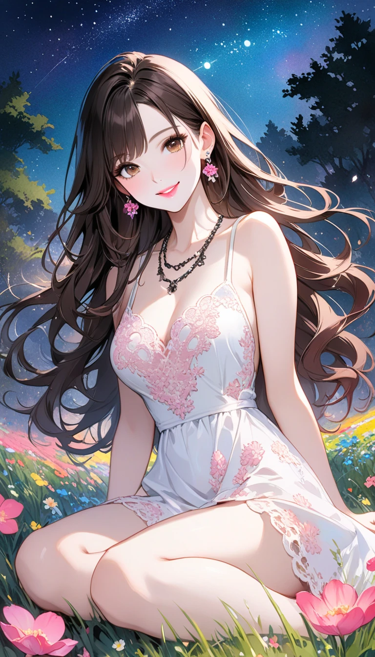 ((((Highest quality))))、(((Ultra-precision CG16K wallpaper)))、(((masterpiece)))、(((Super detailed)))、(((Extreme detail)))、((１Mature 29 year old woman:1.6))、((Very beautiful Japan face of a person))、((Urizane Face:1.8))、((Medium Straight Hair:1.8))、(Shiny Hair)、A delicately drawn beautiful face、(Dark Eyes、Reflected light from the eye)、double eyelid、High nose、Small nostrils、Small Mouth、Seductive lips、Beautiful breasts、((C cup size breasts))、Cleavage、Delicate nails、Beautiful feet、Thin thighs、eight-headed body、Perfect proportions、Perfect Anatomy、Perfect composition、Beautiful detailed shading、Beautiful, natural lighting、Beautiful detail glow、Depth of written boundary、(((High chroma)))、(((Real:1.9)))、((vivid:1.5))、((Beautiful Skin))、((Skin Texture))、((Realな皮膚感))、(((Cowboy Shot:1.6)))、(((front view、shoot from front、front low angle:1.6)))、(((smile:1.6)))、(((looking at viewer:1.6)))、Bright daylight、Natural light、(((background_Grass Square、Sky and Clouds:1.5)))、(Gravure idol pose:1.6)、(((Light pink and white off-the-shoulder lace-up mini dress:1.6)))、((hair band、necklace、Wearing earrings:1.5))、((Lace Stockings Clothed:1.2))、