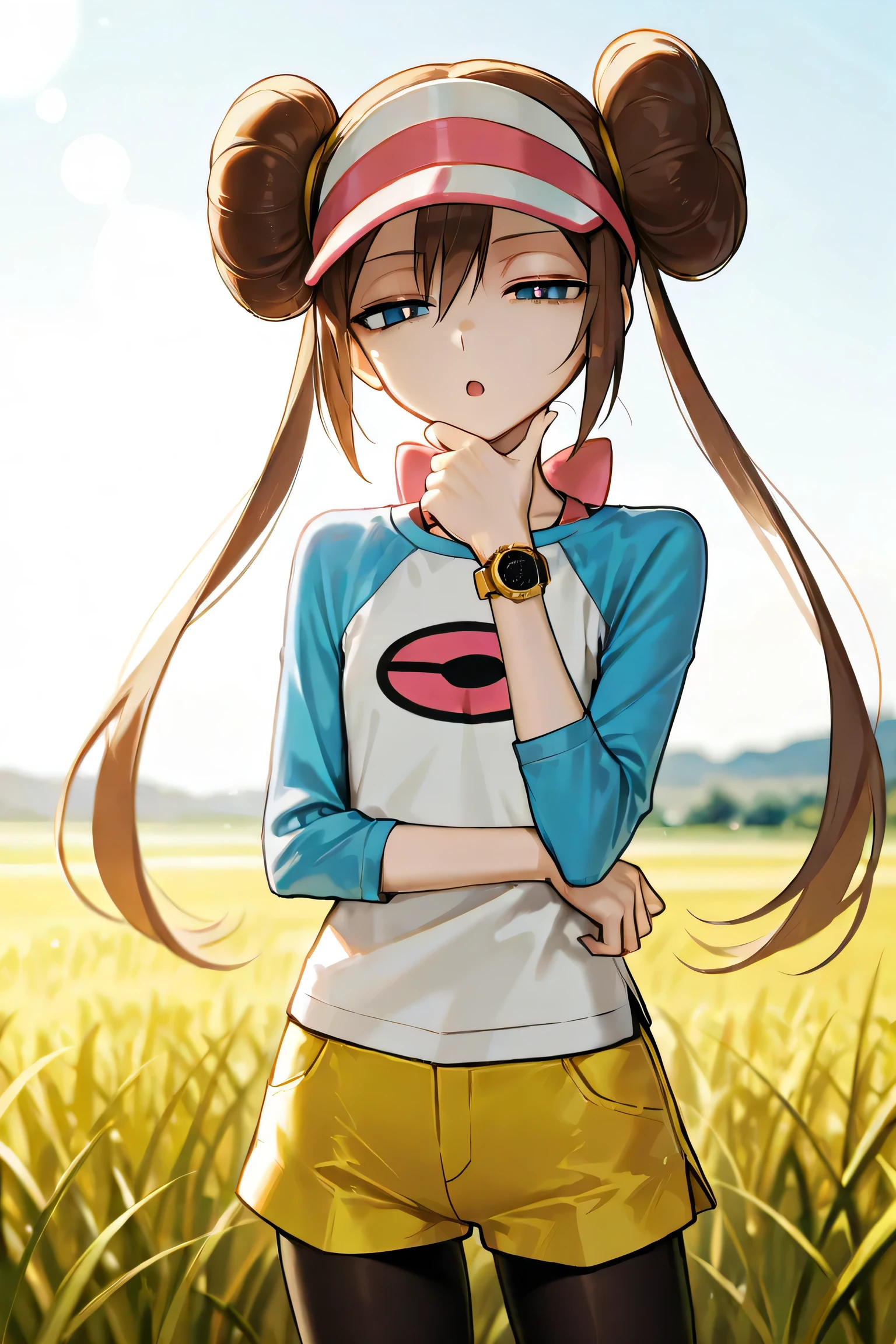 2d, omsr0s4, 1girl, skinny, slim, long hair, brown hair, double bun, twintails, visor cap, blue eyes, white pupils, pink bow, shirt, printed shirt, raglan sleeves, wristwatch, short shorts, yellow shorts, pantyhose under shorts, black pantyhose,
looking at viewer,serious, :o, (half-closed eyes, squinting),
amazing quality,very aesthetic,absurdres,newest,
outdoors, field, grassy,
stroking own chin, thinking, BREAK depth of field, blurry background, soft lighting, lens flare, white outline,