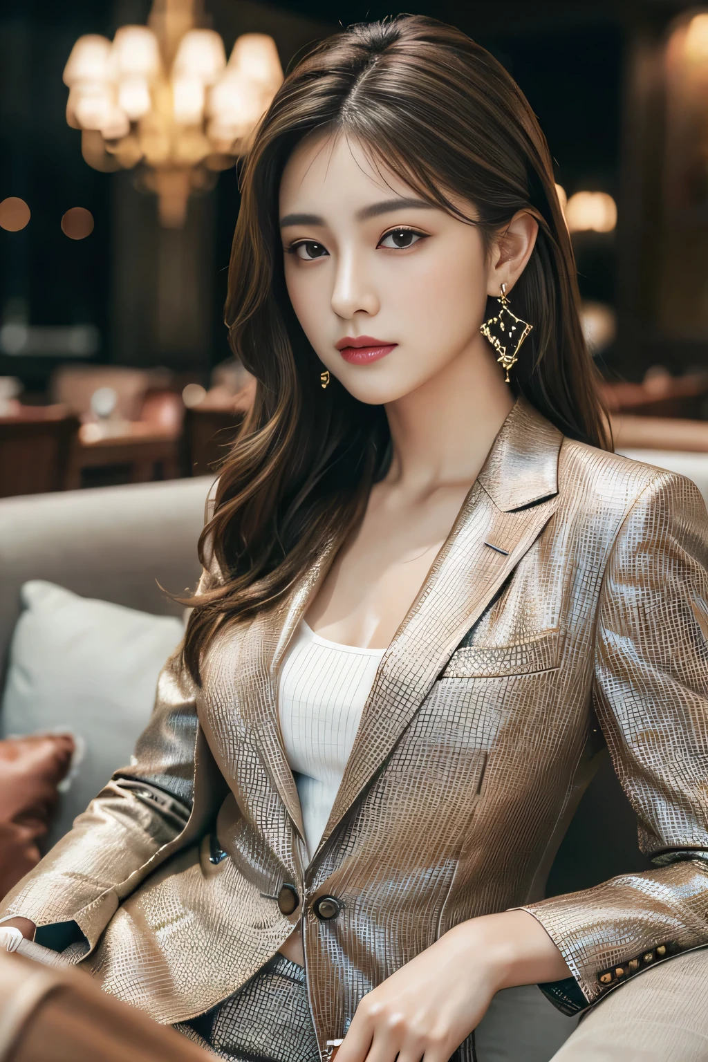 ((Highest quality、Ultra-high resolution、masterpiece))、(Full Body Portrait)、Light Brown Blazer、(blouse:1.1)、(Light brown long skirt:1.3)、(silk pantyhose)、(Sitting down, her high heels and legs look beautiful.)、1 girl、Mid-chest、(Perfect Anatomy, Perfect body, Perfect hands, Perfect Face, Perfect Eyes, Accurate, Anatomically correct), Perfectly clear and sharp focus, ((Highest quality、Ultra-high resolution, masterpiece, Ultra-realistic))、Modern architecture at night on the background、Professional Lighting
