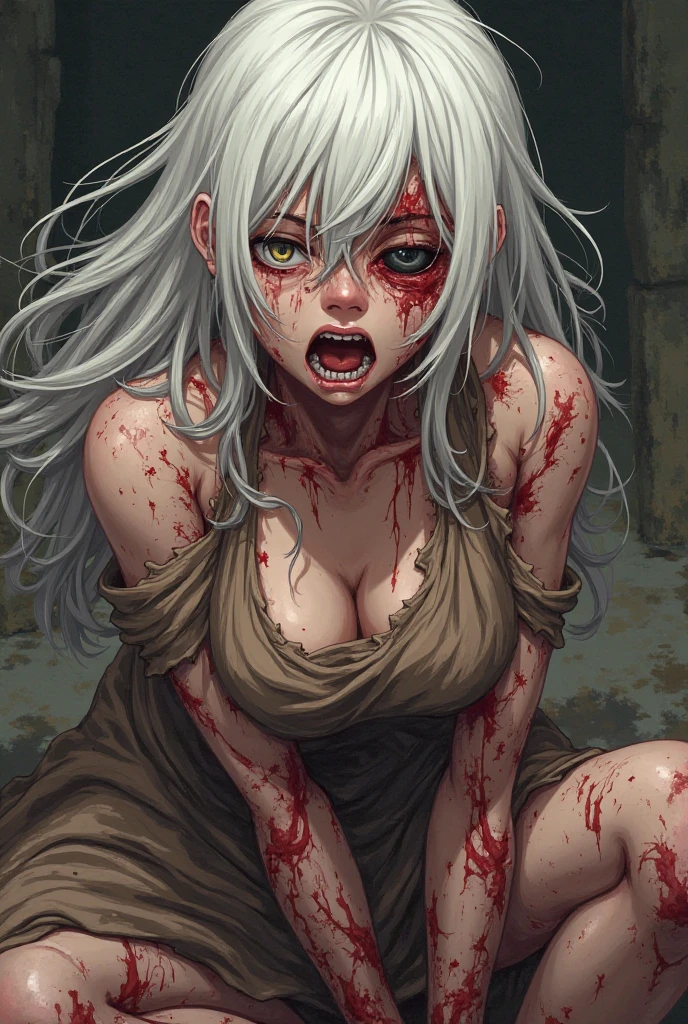in dark ruins, rubbles, 1girl, (zombie:1.2), sitting, wariza, hands on ground, (pale skin:1.4), fang, (tattered cloak on naked), large breasts,