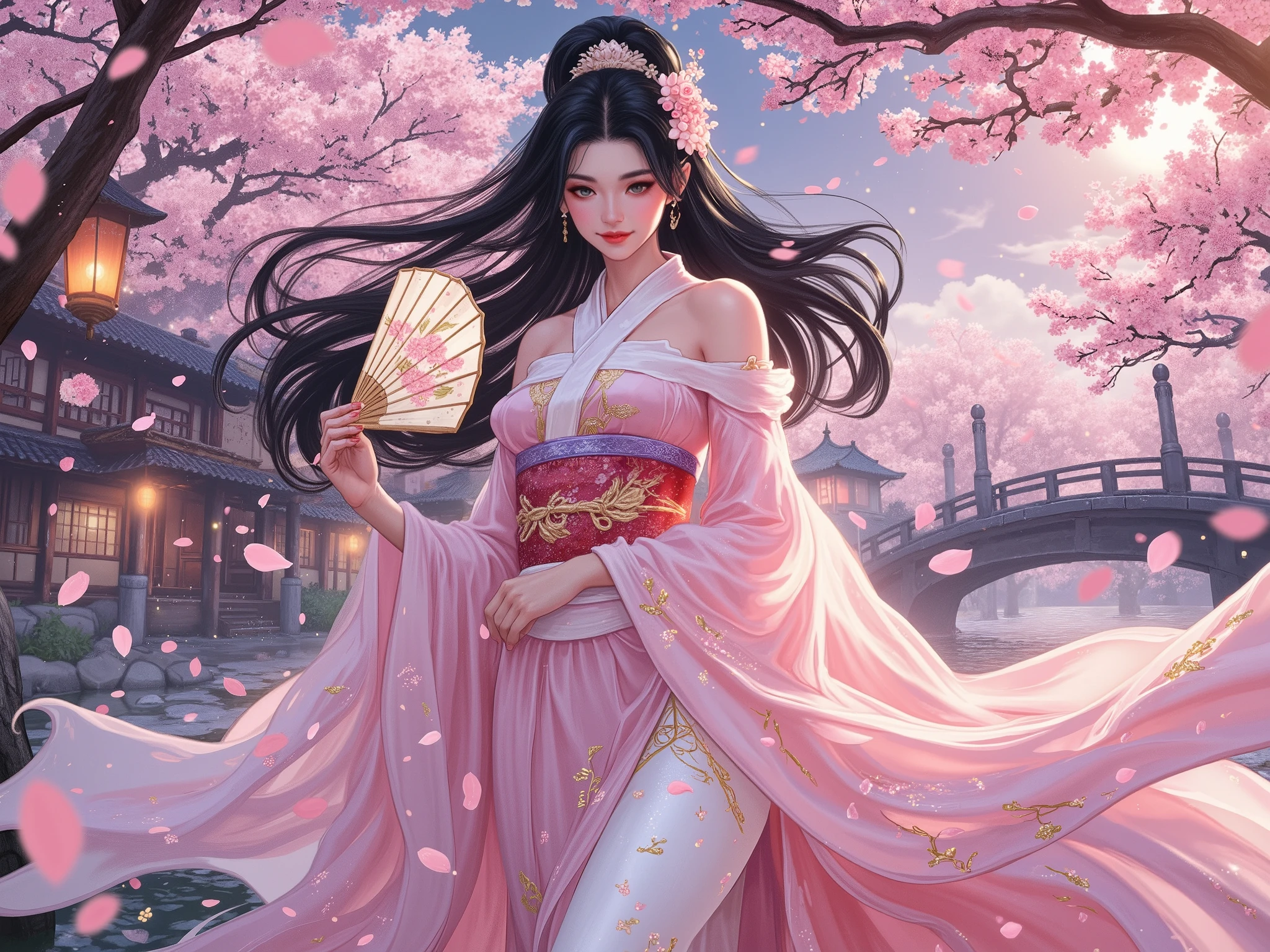 A divine Sakura Goddess emerges from a whirlwind of falling cherry blossoms, her presence both serene and ethereal. She wears an exquisite kimono with layers of delicate pink and white silk, adorned with intricate embroidery of sakura branches and golden thread. The fabric flows like liquid petals, blending seamlessly with the blossoms swirling around her. Her long, ink-black hair cascades down her back, interwoven with fresh sakura flowers and tiny glowing orbs that mimic fireflies.
Her skin glows with a soft, pearlescent sheen, as if lit from within by the cherry blossoms themselves. A translucent sash floats around her like mist, made of pure sakura petals held together by magic. In one hand, she holds a slender branch of a cherry tree, blooming eternally; in the other, a folding fan painted with a celestial landscape.
The background is a dreamy sakura grove at twilight, with lanterns floating mid-air and a bridge arched over a tranquil koi pond. The air shimmers with golden pollen, and every petal is meticulously detailed—some frozen in mid-fall, others glowing faintly. The scene radiates tranquility and divine beauty.
(Ultra-detailed, anime-inspired realism, vibrant pastel colors, soft glowing lighting, intricate kimono textures, cinematic composition, 8k resolution, Studio Ghibli meets Artgerm style) "Sakura petals with translucent edges, some glowing with bioluminescence","Subtle motion blur on falling petals to imply gentle wind"