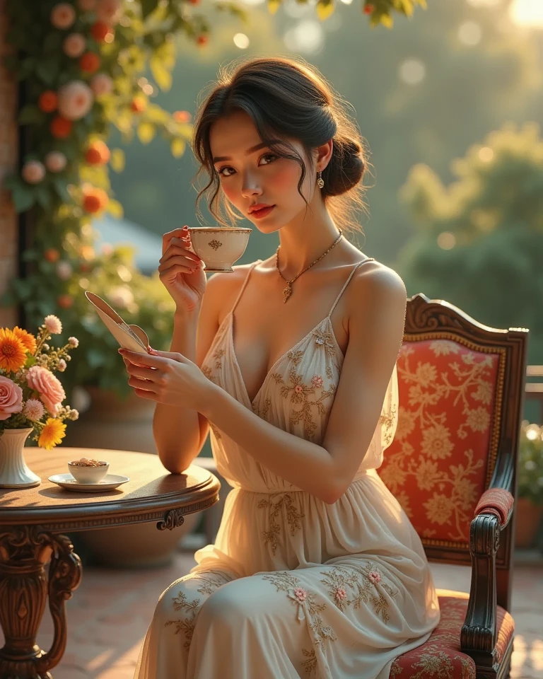 ((A 20-year-old beautiful woman sits comfortably at a table with her elbows bent forward.........))8K、An ultra-high picture quality、Ultra-realistic details、3d rendered、Raw photography、slender and large breasts,、White see-through dress with a large open neckline、Upper and lower innerless、Brown hair、Super Wavy Hair、Smiling、Beautiful flowers on the background々garden with flowers.、Blur the background、Dazzling sunlight、Professional photographer photography、