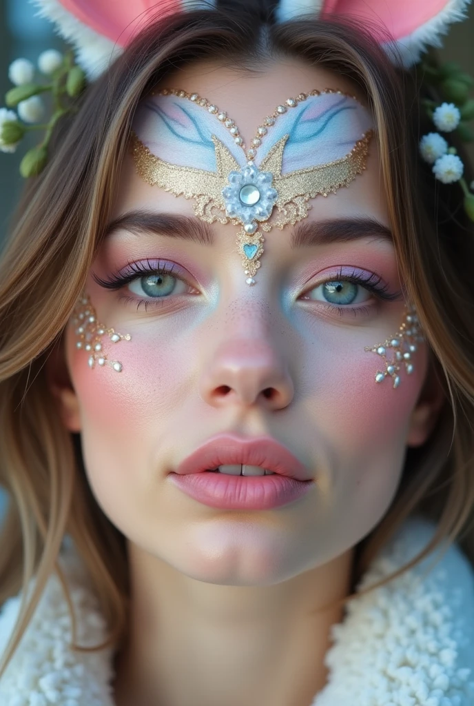 (glitt3r:1.1), upper body Portrait photo of a viking princess margot_robbie_model with (gorgeous vibrant ginger hair:1.3), wearing long white horns, ((professional glittery metal makeup)), Nikon Z9, realistic (sweaty) skin, ((skin texture)), (sharp focus), (high quality), looking straight forward, (symmetric:0.7), warm smile, wearing a shiny silver plunge dress showing off her huge_tits and (massive_cleavage:1.4), in a studio, bokeh