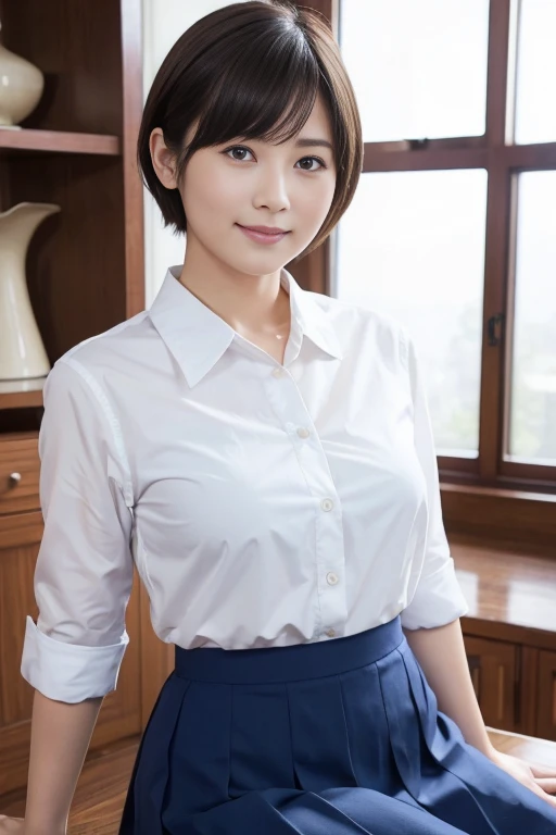 1girl, Chinese girl, solo, facing viewer, smile, 8k, masterpiece, (((short brown hair, bangs))), (((white shirt with collar))), (short sleeves, unbuttoned), ((pleated tartan skirt)), posing for a picture, highly detailed face and skin texture, detailed eyes, realistic, daytime, high resolution, 8k, medium breast, cleavage: 1.2, classroom, table, chair, blackboard, window, 8k, cowboy shot