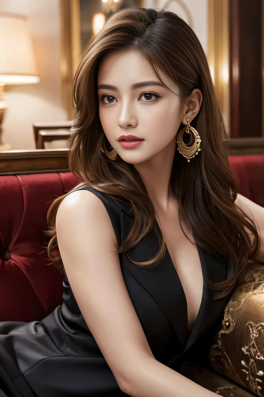masterpiece, Highest quality, Realistic, Very detailed, Finer details, High resolution, 8k wallpaper, One beautiful woman, Wear a nice suit, In a great restaurant, At night, Light brown messy hair, Perfect dynamic composition, Beautiful and beautiful eyes、Big earrings、Sit on the sofa、
