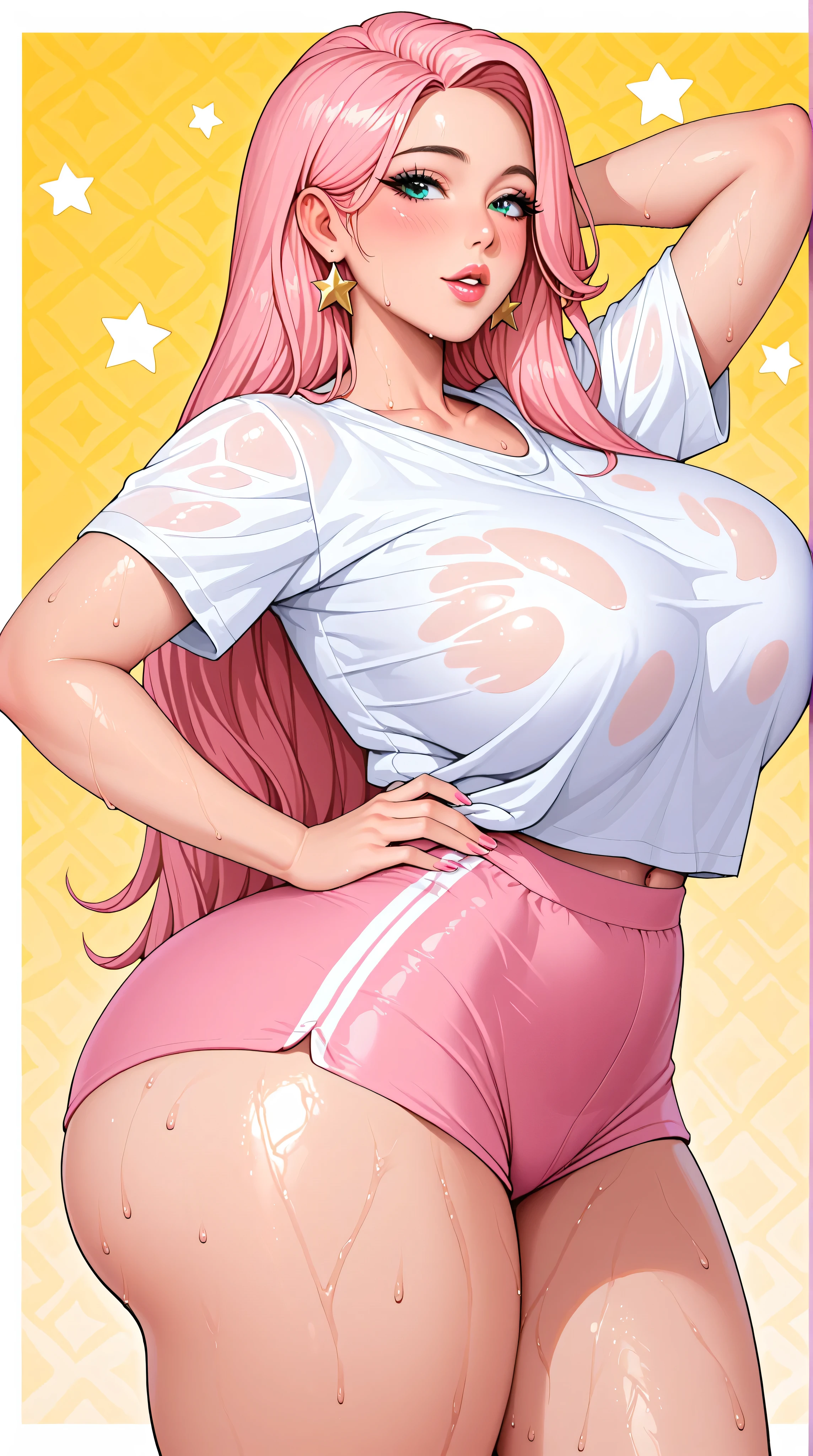 pink hair, teal eyes, pale skin, young korean girl, horny sexy, parted lips, all hot porn star body, voluptuous, girl with big breasts, big butt, long hair, yoga shorts, wet pu, lustful face on the beautiful house, perverted, mature womem, big boners, porn star, busty porn star, (Big breast) blushing, all naughty, flirting ((Linear Manga Style)) no background, colorful background, 