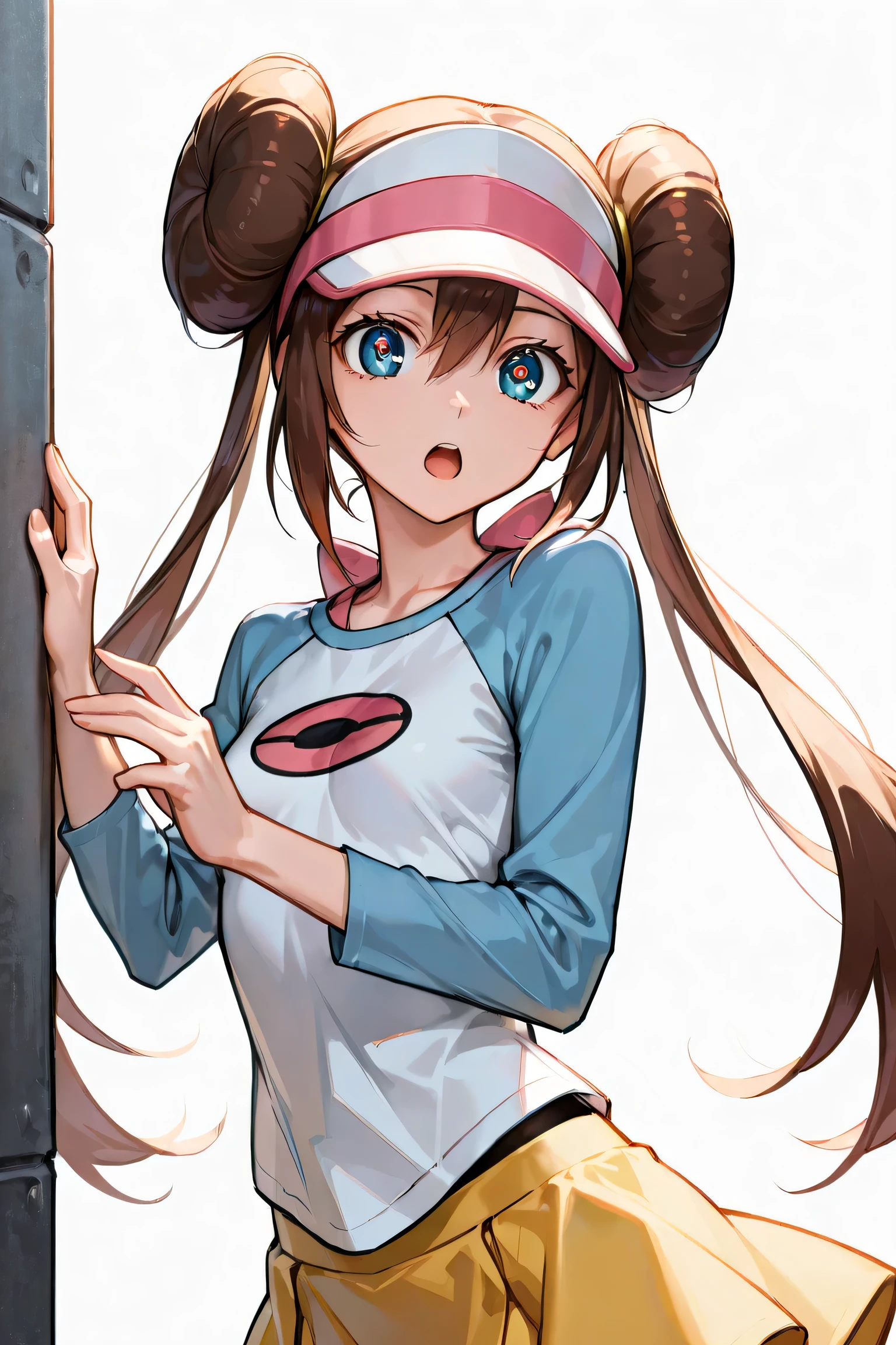 rosa, rosa, brown hair, double bun, doughnut hair bun, hair bun, blue eyes, hair between eyes, twintails, (small breasts:1.2), open mouth, embarassed,
BREAK pantyhose, pantyhose under shorts, raglan sleeves, skirt, yellow skirt, white shirt, blue sleeves, long sleeves, visor cap,
BREAK looking at viewer, upper body, fully body,
BREAK outdoors,
BREAK (masterpiece:1.2), best quality, high resolution, unity 8k wallpaper, (illustration:0.8), (beautiful detailed eyes:1.6), extremely detailed face, perfect lighting, extremely detailed CG, (perfect hands, perfect anatomy),