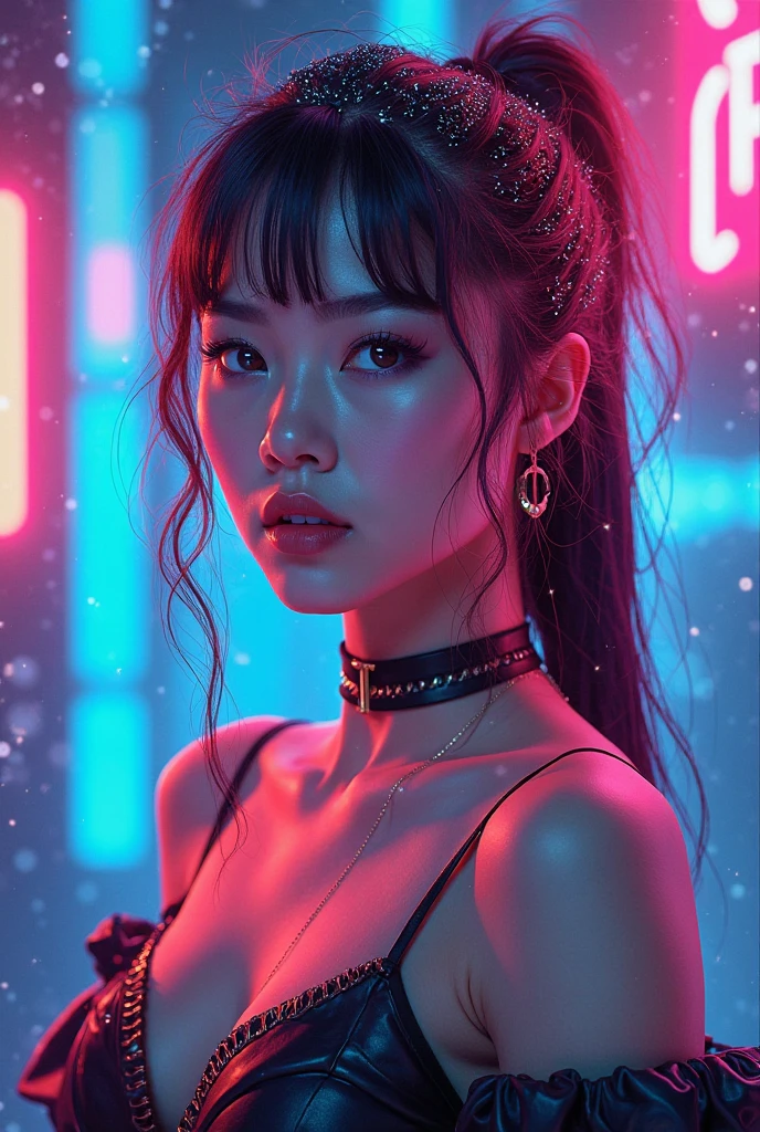 a beautiful young girl, cybergoth style, sensual pose, party outfit, detailed facial features, intricate makeup, neon lights, glowing neon accents, cinematic lighting, hyper-realistic, 8k, photorealistic, masterpiece, award-winning digital art