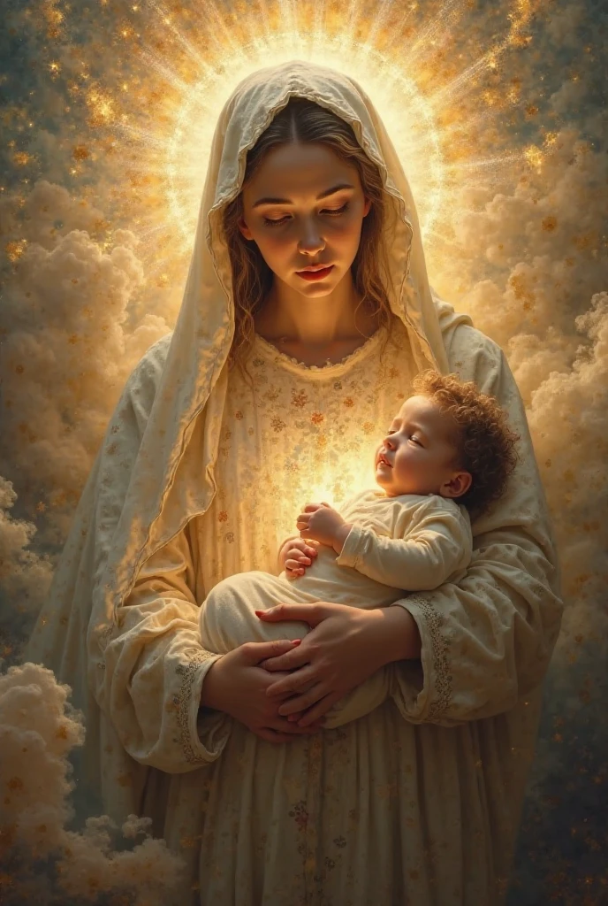 (((Blessed Virgin Mary and the Jesus. 19 years old))) ((( Con una cara seria y piadosa. Con una mirada dulce y tierna))) (obra maestra, calidad superior, mejor calidad, arte oficial, beautiful and aesthetic: 1.2), (1girl), extremadamente detallado, (Arte fractal: 1.3), colorido, highest detailed, Cara perfecta, parte superior del cuerpo, HDR, (orando: 1.3), (golden lines of white coat: 1.2), galaxia, (rayas de luz), eye-catching visuals, (dynamic stripes, senderos luminosos: 1.2), colores vibrantes,