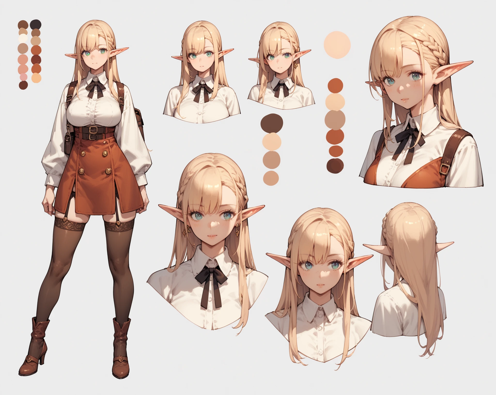 stockings,pantyhose,skirt,dress,white top,boots, fashionable clothing,(whole body,character design sheet,front,Back,side),long golden hair,thick eyebrows, bust and waist,beautiful blonde,(masterpiece),((best quality)),(super detailed),(beautiful eyes beautiful details eyes,Clean and delicate face),bunny girl,Nurse,maid