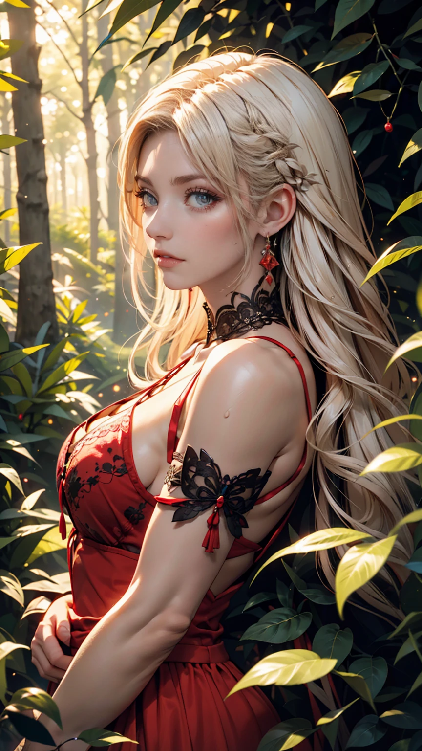 The god of autumn is taking a break halfway up a mountain where the autumn leaves are beautiful. Her dress is made of fallen leaves, and she has branch antlers on her head. 8k , HD, highly detailed, realistic, photography, photo realism, --ar 9:16 -- at 6.0 --s 750,19 years old, alone, Long Hair, View your viewers, Blonde, Brown eyes, gem, whole body, Realistic, Sexy、Big Breasts 、stockings、clip on earrings,during,bracelet、embarrassed,blush,teache、