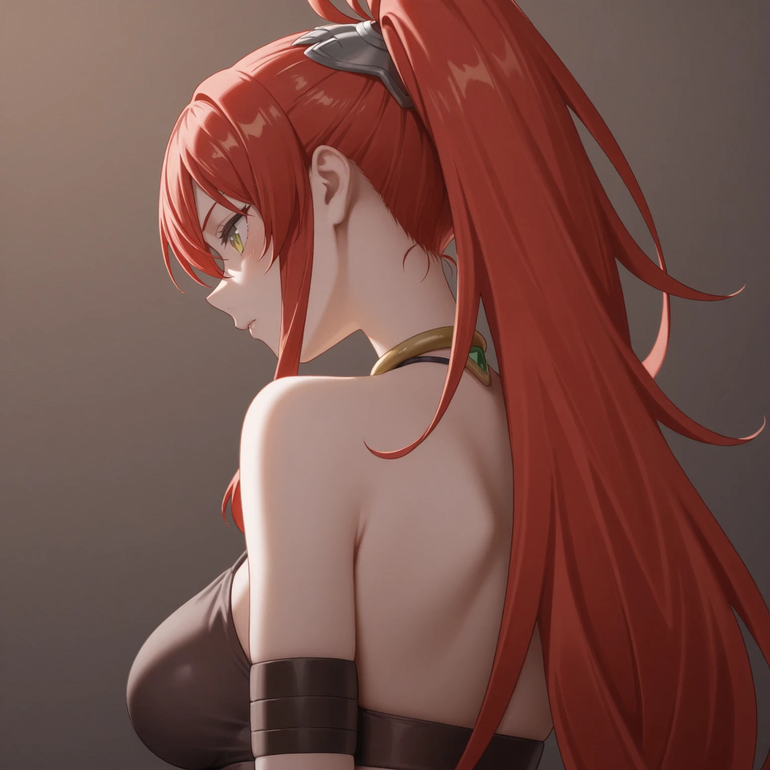 (Best quality at best,8K,A high resolution,tmasterpiece:1.2),Digital artwork,A woman in her twenties,with beautiful red hair,With a gentle expression, Wearing a hairpin on the head, Depicted from head to toe,Bigchest,black maillot