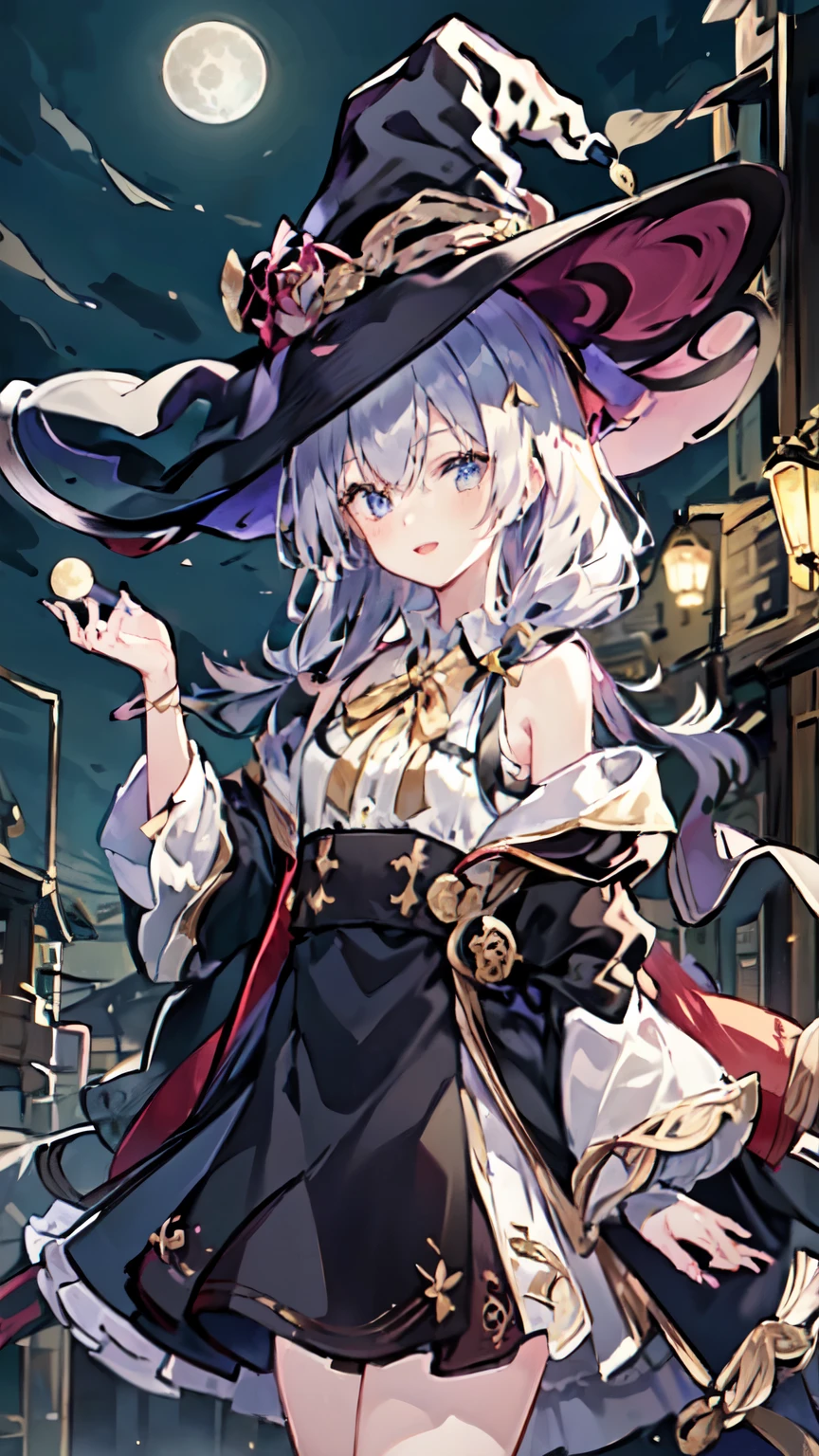 ((yileina)),((( masterpiece))),(is the best quality))),(Very detailed)))),bare shoulders, white_shirt, Yellow Ribbon , Witch Hat, Black Robes, Black skirt, Change, night, moon, shine, :d, slender hands