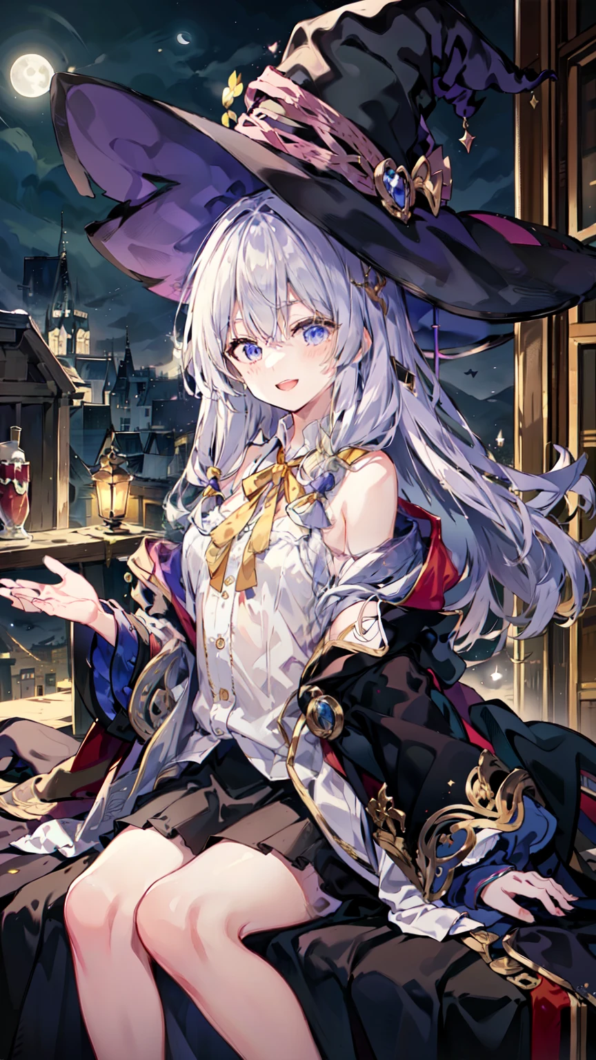 ((yileina)),((( masterpiece))),(is the best quality))),(Very detailed)))),bare shoulders, white_shirt, Yellow Ribbon , Witch Hat, Black Robes, Black skirt, Change, night, moon, shine, :d, slender hands