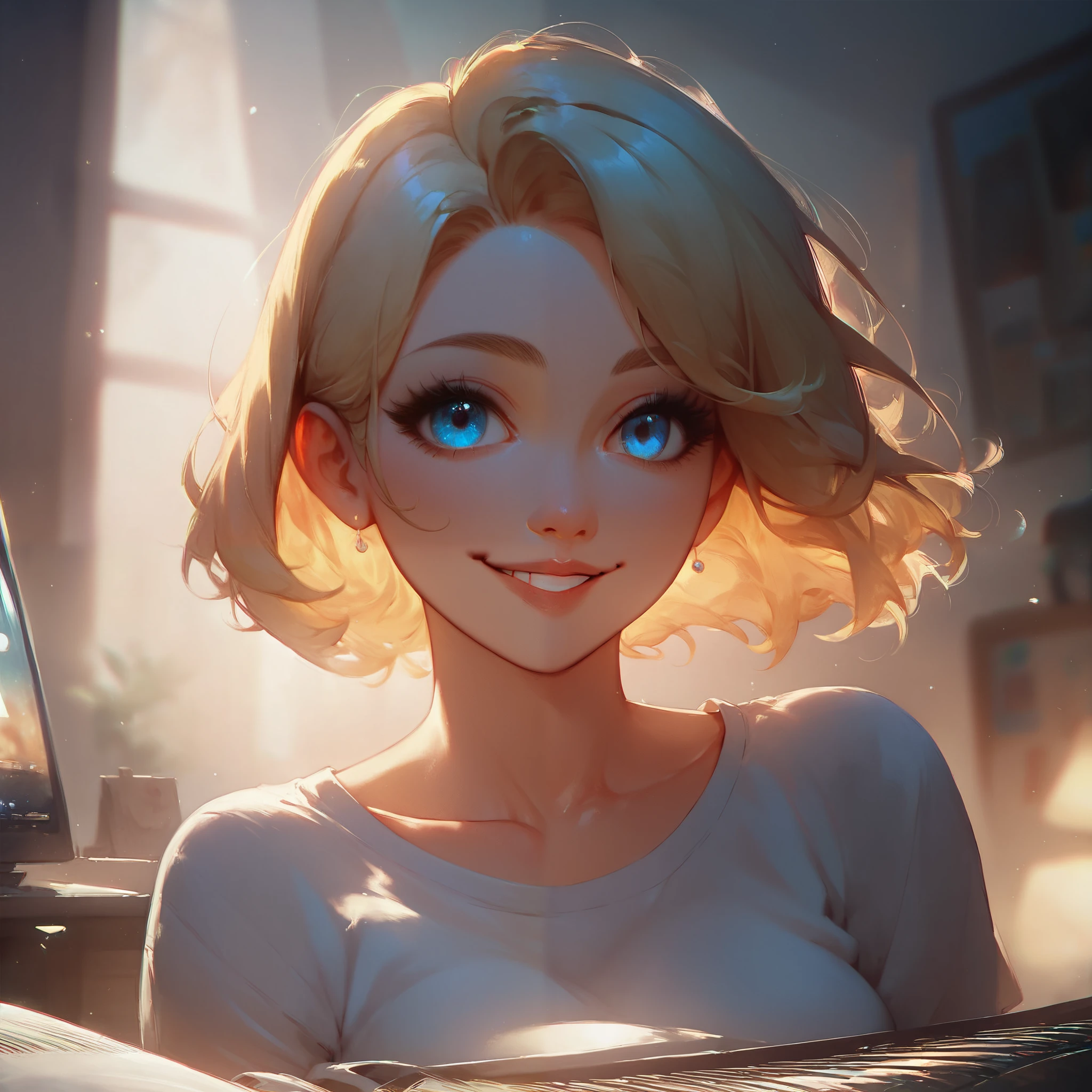 {{masterpiece, best quality, extremely detailed computer graphics, unity 8k wallpaper, cinematic lighting, }}, 1 girl, solo, smile, blonde hair, short bob, blue eyes, long eyelashes,
