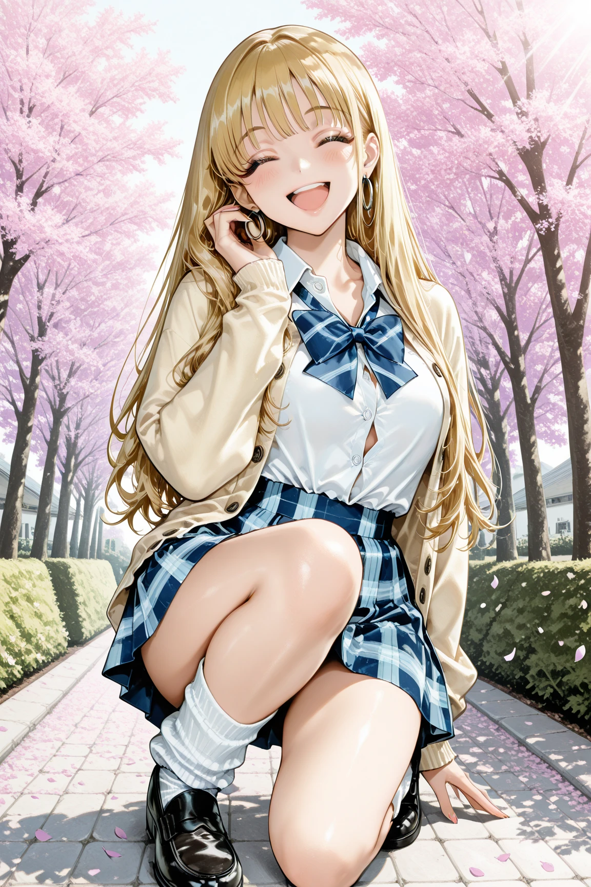 a blond、One pretty girl、animesque、student clothes、a miniskirt、sitting on、natta、cherry trees、Yukichi Fukuzawa legs spread open  can see pussy