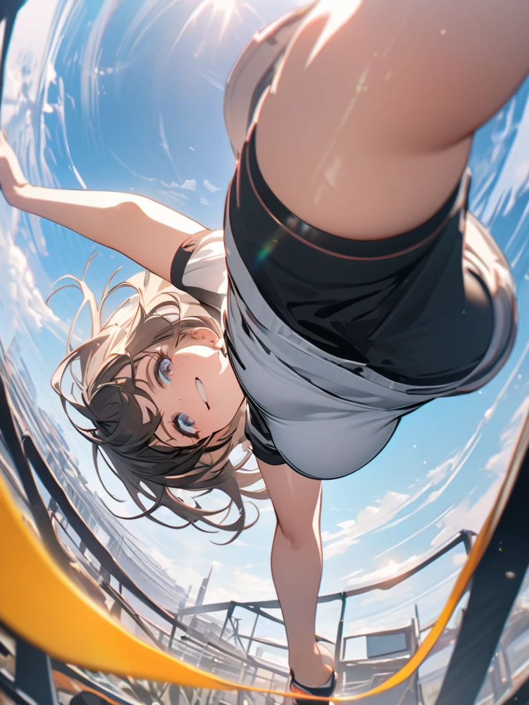 ( Inoue takina, ), (high kick, spreading legs, ), (cinematic lighting), (masterpiece, best quality, ultra detailed), closeup of cameltoe, space background, perfect anatomy,