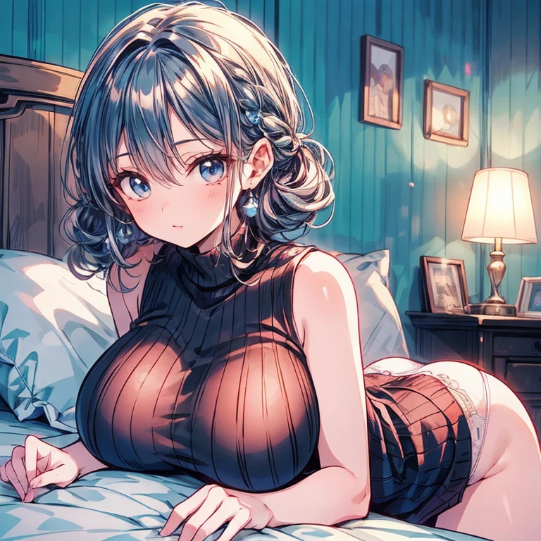 top-quality、超A high resolution、(Photorealsitic:1.4)、Crisp skin、Realistic skin texture, 4K, Model Body Type、White skin、Realistic Skin, Natural skin texture,1 girl、(thin hair, black, short, faded ash gray hair:1)、(huge-breasted:1.5), cleavage:1.2, cute, blush, looking at viewert、short hair,nsfw,((not c Sakae Nanayo tttopsless:1.3)), ((mini panties)), ((Accentuate your breasts)), ,((lying on the bed)), ((Photo of looking up:1.3)),((Full body photo)),