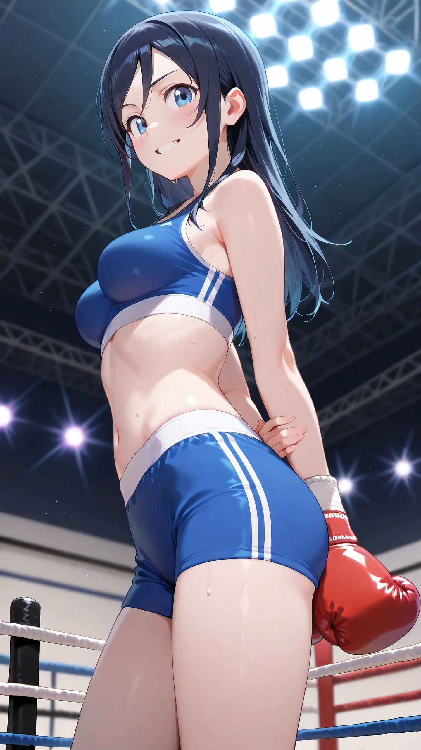 ivy fe, 1girl, solo, looking at viewer, smile, shirt, hair between eyes, jewelry, sitting, closed mouth, full body, white shirt, short sleeves, thighs, earrings, barefoot, wariza, between legs, gym uniform, buruma, v arms, hand between legs, gym shirt, blue buruma, ((Tight leotard)), ((sexy pose)), ((Wrestling ring))