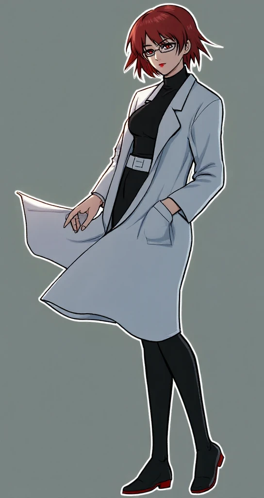1girl, solo, labcoat, pantyhose, short hair, earrings, jewelry, mole, skirt, pencil skirt, mole under eye, hand in pocket, brown hair, <lora:Sadamoto Yoshiyuki_XL_V2:0.8>