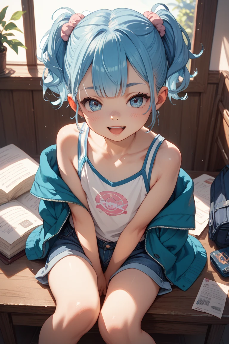 A cute girl,Rainbow colored hair,colorful hair,messy,messy,crystal earrings,white vest,green shorts,hands in pockets,a carefree look,leg rings,brown socks,blue sneakers,