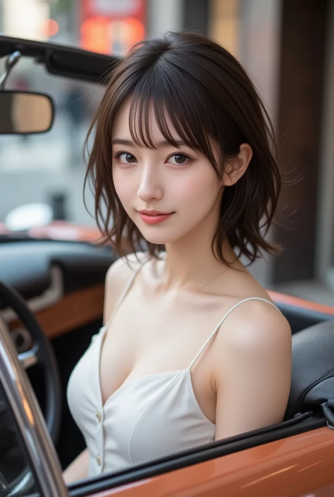 (Ultra-realistic), (figure), (High resolution), (8k), (Very detailed), (Best figure), (Beautiful and detailed), (Highest quality), (Super detailed), (masterpiece), (wallpaper), (Detailed face), alone, One Girl, watching viewer, Trendy summer clothes，Less exposure、Fine details, Detailed face, In the Dark, Deep Shadow, Modest, Pure Erotic Face Ace_v1, cool, short hair, Pointed diagonal bangs，driving