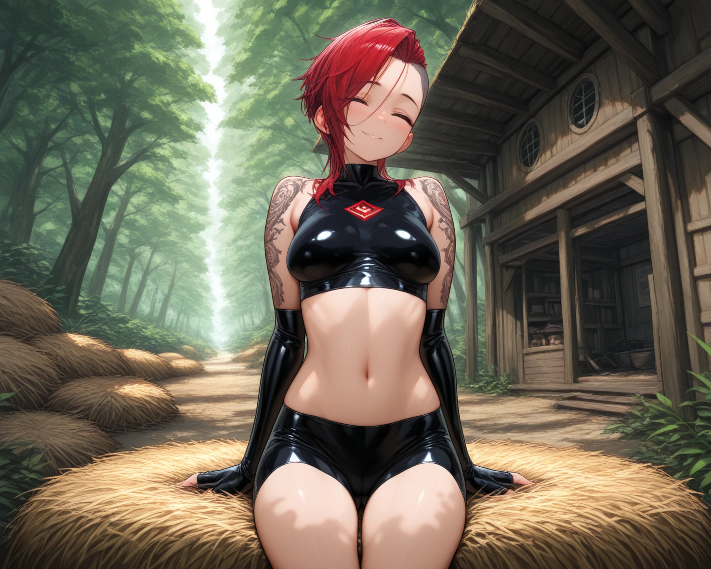 One Sexy Woman in a forest, Proudly standing, medium-sized boobs, bare shoulders, black none-connected sleeves, black skirt, red embroidered shirt, red hair, intense blushing, softie eyes, red eyes, perverted grin,