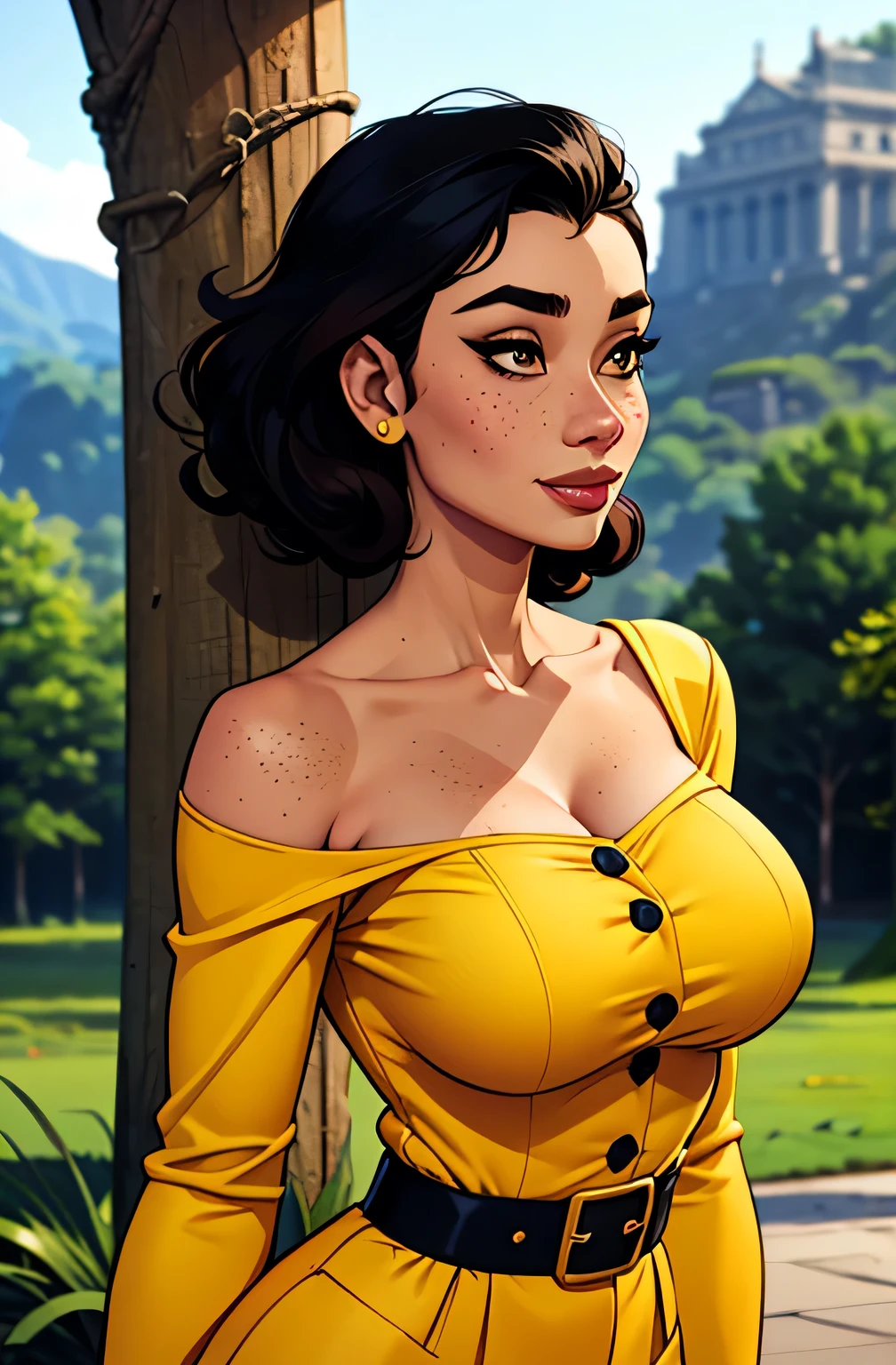 Gorgeous and sultry busty athletic (thin) brunette with sharp facial features and a (large nose) and (huge boobs) wearing a pale yellow off-shoulder ruffled sundress, hairband, long dress, park, lake, picnic