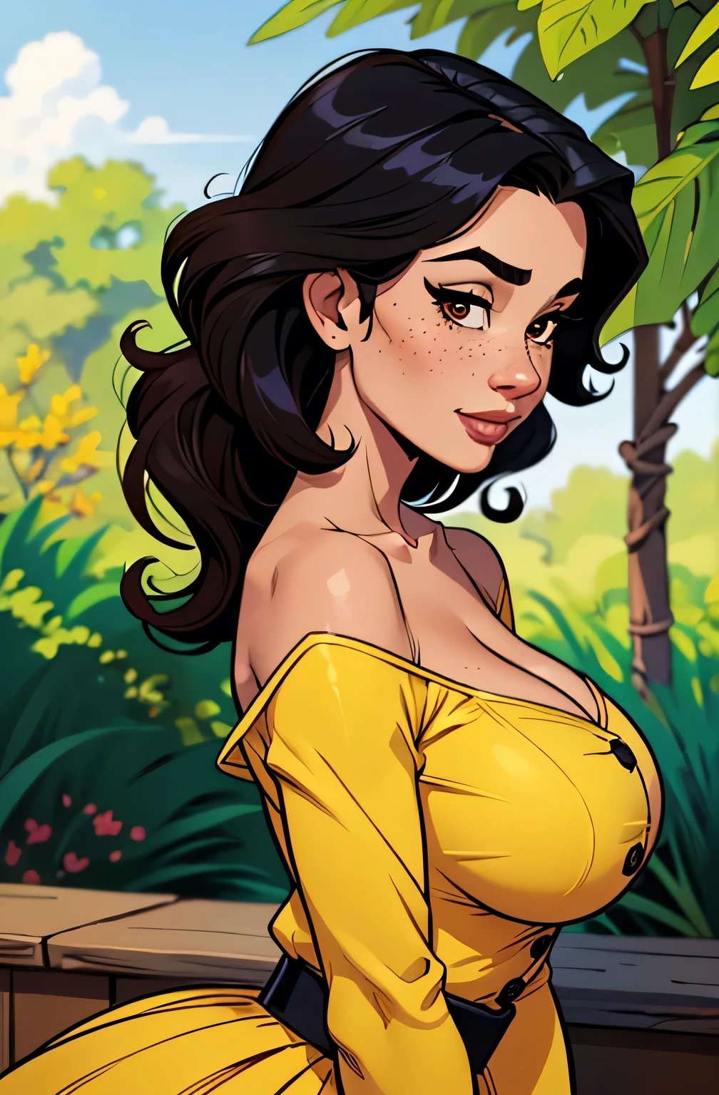 Gorgeous and sultry busty athletic (thin) brunette with sharp facial features and a (large nose) and (huge boobs) wearing a pale yellow sundress, long dress, skindentation, cleavage, park, lake, picnic