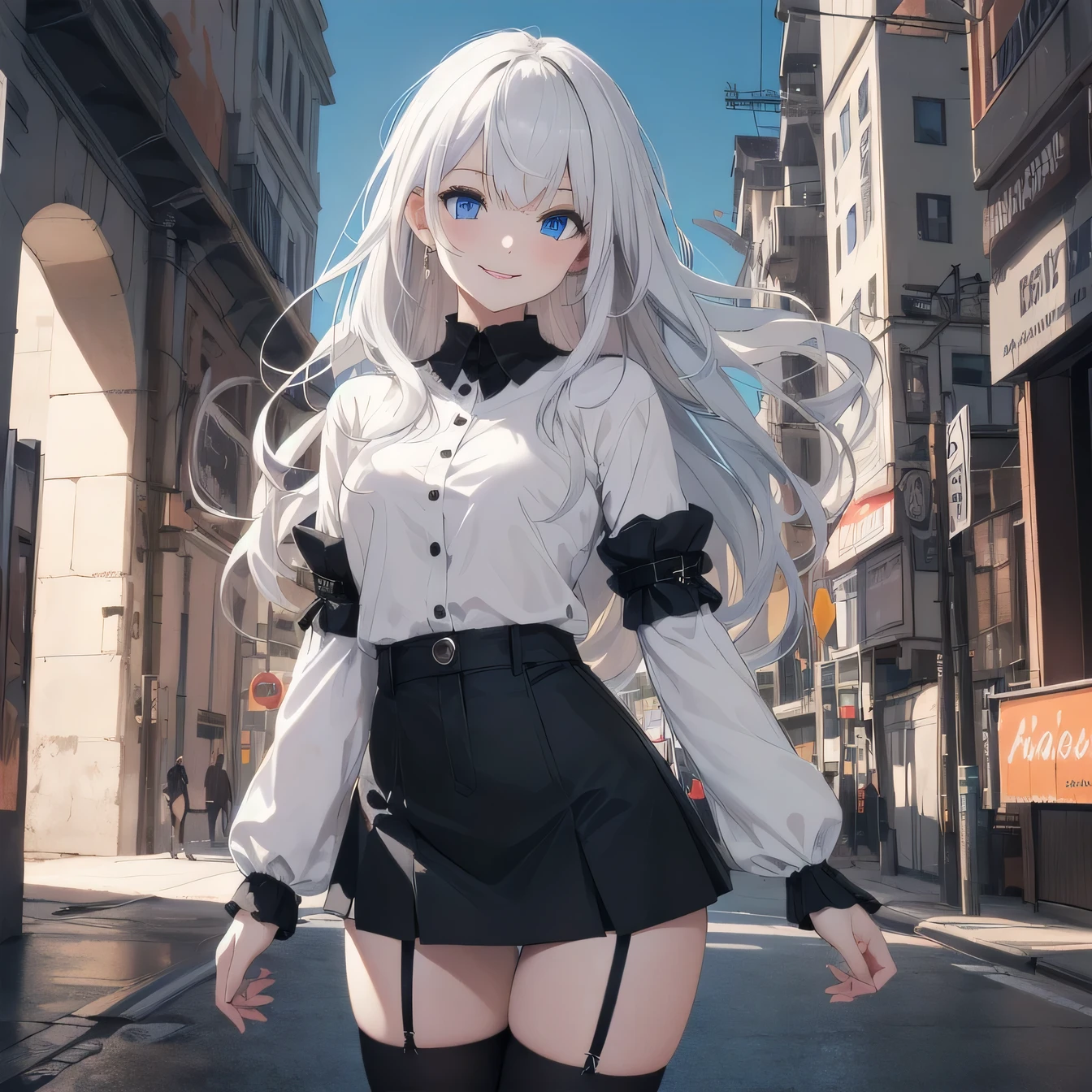 realistic image, coherent image, detailed image, 1 beautiful girl. She has short, white hair. Her eyes are blue, long eyelashes. Her face is oval and delicate, smiling. She is wearing a long-sleeved, shoulder-baring, off-shoulder top, pleated mini skirt, and mid-thigh stockings. She has a curvy body, medium breasts, thick thighs. sexy pose. Background of destroyed buildings, surrounded by nature, natural lighting, volumetric lighting,