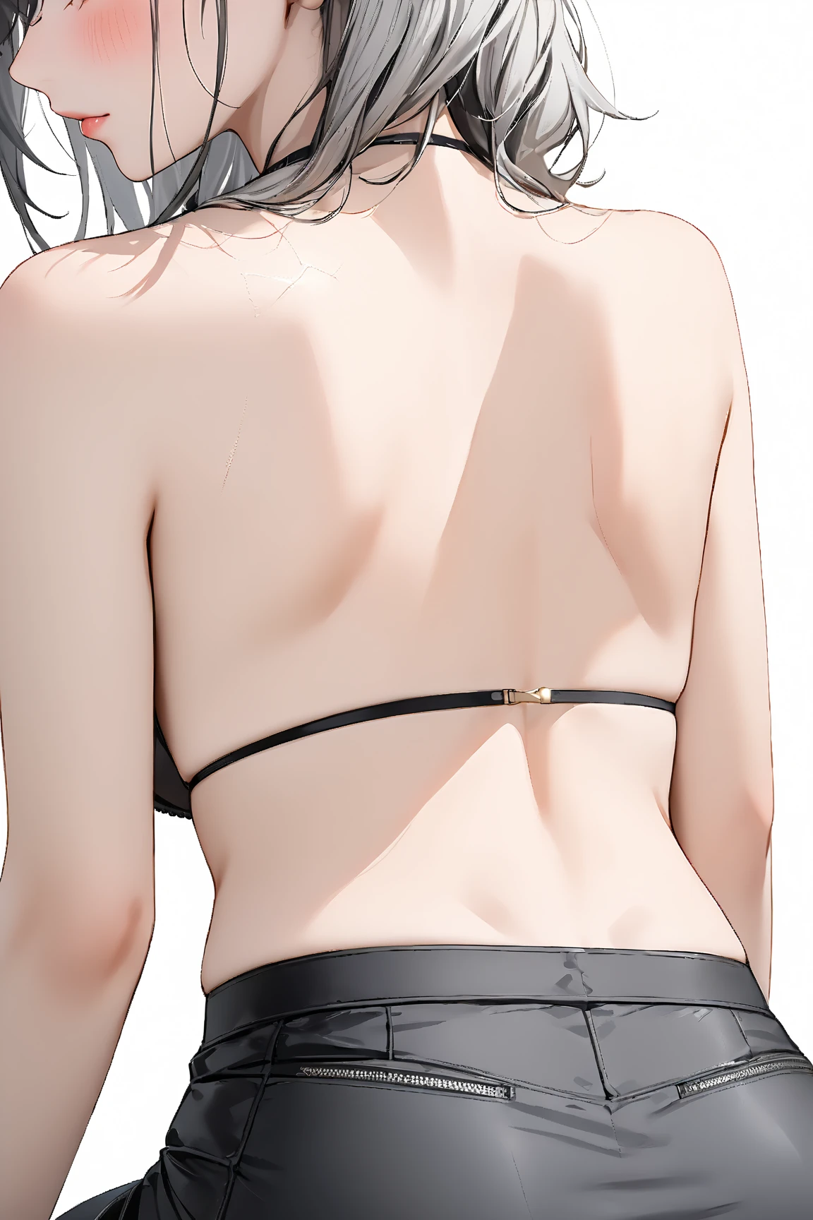 1girl, solo, , white hair, long hair, pointy ears, green eyes, from behind, facing away, close-up, bare shoulders, naked, earrings, back view, back covered by hair, arms on sides, upper body, white background, simple background, masterpiece, score_9, score_8_up, score_7_up, full-body back shot:1.5
