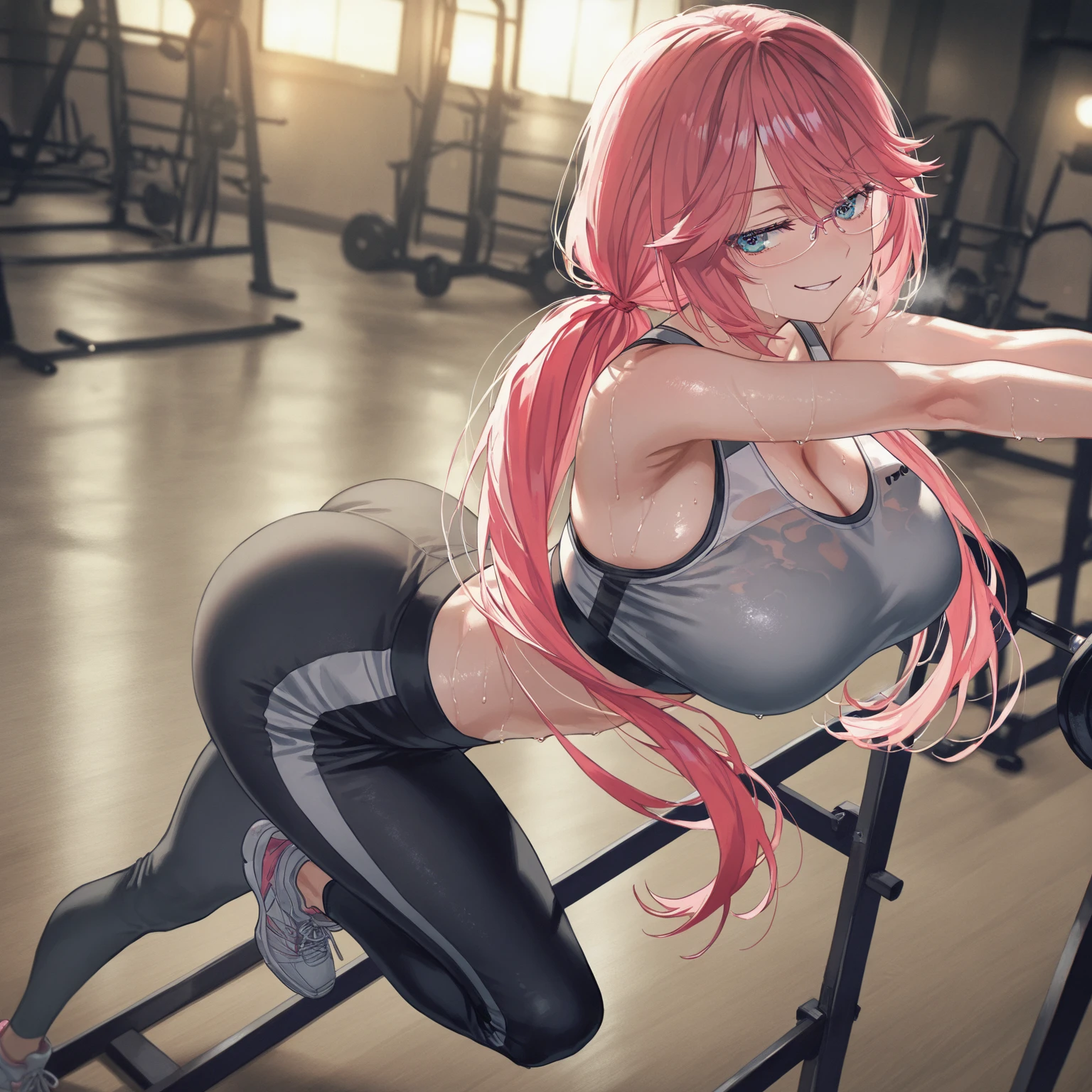 masterpiece, best quality, 8K, Photographic Reality, Practical, Octane Rendering, Japanese gym workout (1 female: 1.4), (There is only one woman in the photo: 1.4), (Long blond hair), (Pink sports vest|Black yoga pants), (blue eyes) Side display