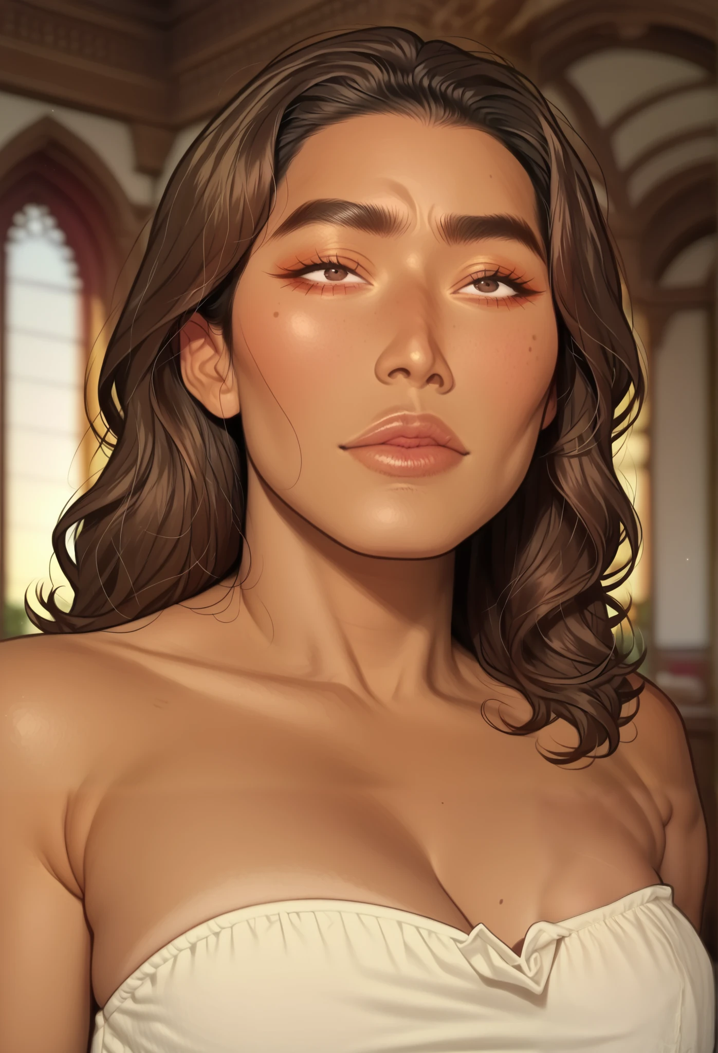 1 female,Pornographic exposure,gold earrings, gold chocker, gold bracelet, seen from the front, hair straight,beatiful detailed eyes,Bright pupils,Red lips,Beautiful and detailed eye description,facing at camera,revealing breasts,Bare genitalia,Camel toes,Flushed complexion, naked body, brunette hair, public hair