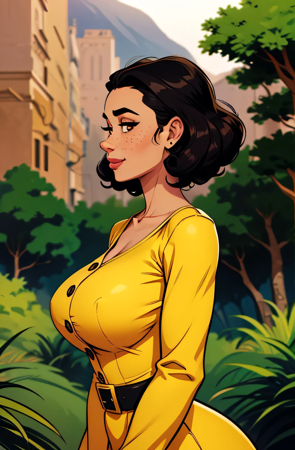Gorgeous and sultry busty athletic (thin) brunette with sharp facial features and a (large nose) and (huge boobs) wearing a pale yellow sundress, hairband, long dress, skindentation, cleavage, park, lake, picnic