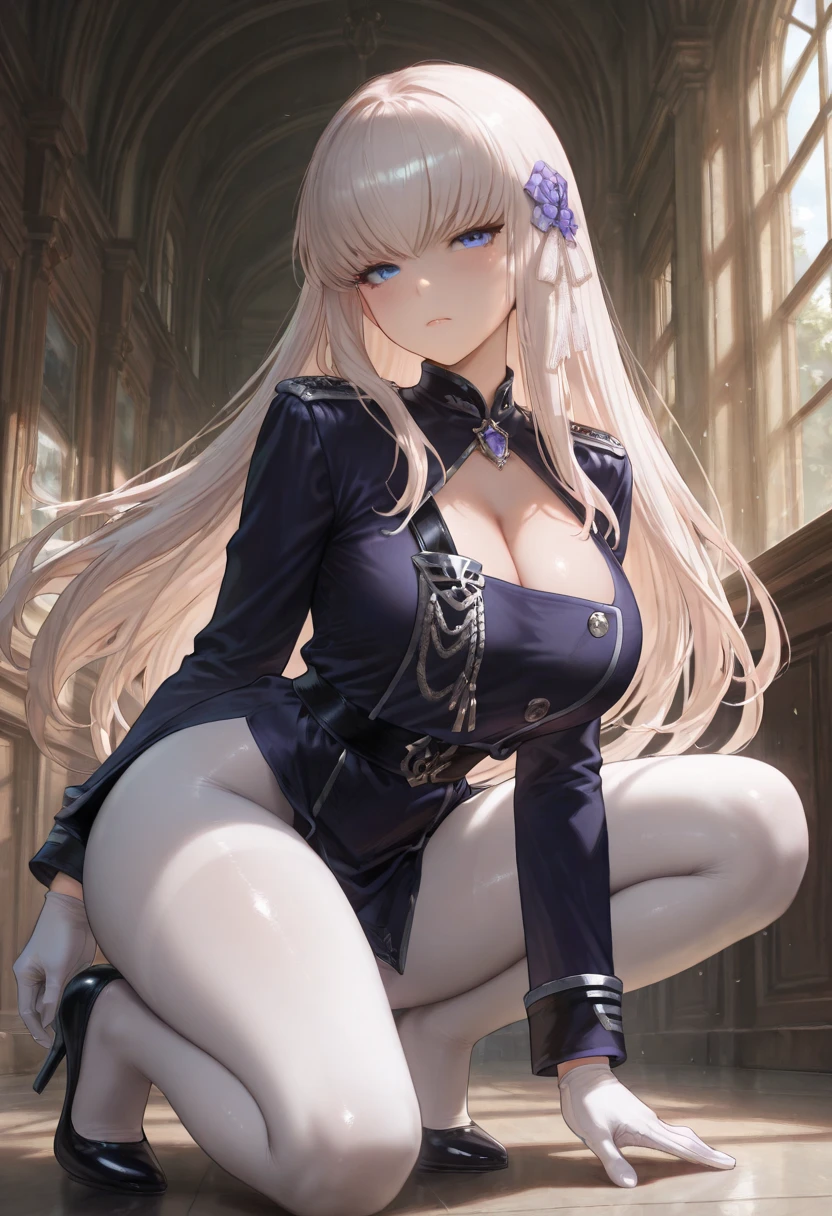 score_9, score_8_up, score_7_up, score_6_up, source_anime, 1girl, solo, cyrille, blonde hair, long hair, hair ribbon, white coat, long sleeves, black dress, black thighhighs, white boots, sitting, spread legs, field, torn clothes, cleavage, medium breasts, looking at you, clenched teeth, blush, embarrassed,