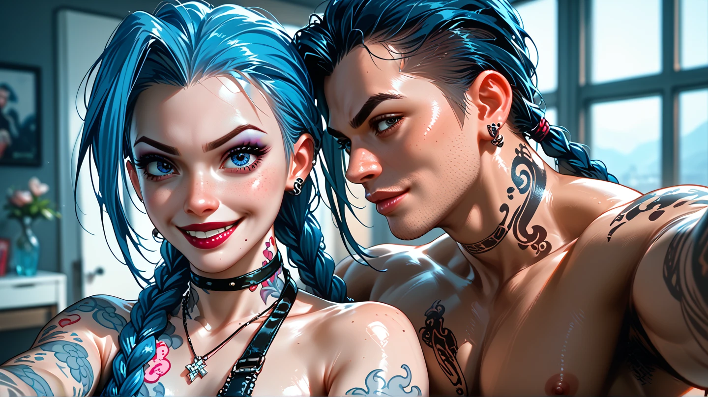 There are two people with tattoos on their bodies walking down the street, vestido com roupas crustpunk, anime one piece , luffycabelo punk detalhado, Festa na piscina, com tatuagens, Coberto, posando para uma luta intrincada, tatuagens por toda a pele, not shirt :: High detail, pele tatuada, Festa Punk, vestido com roupas punk, Die Antwoord Estilo Desgaste, Charli Bowater e Artgeem