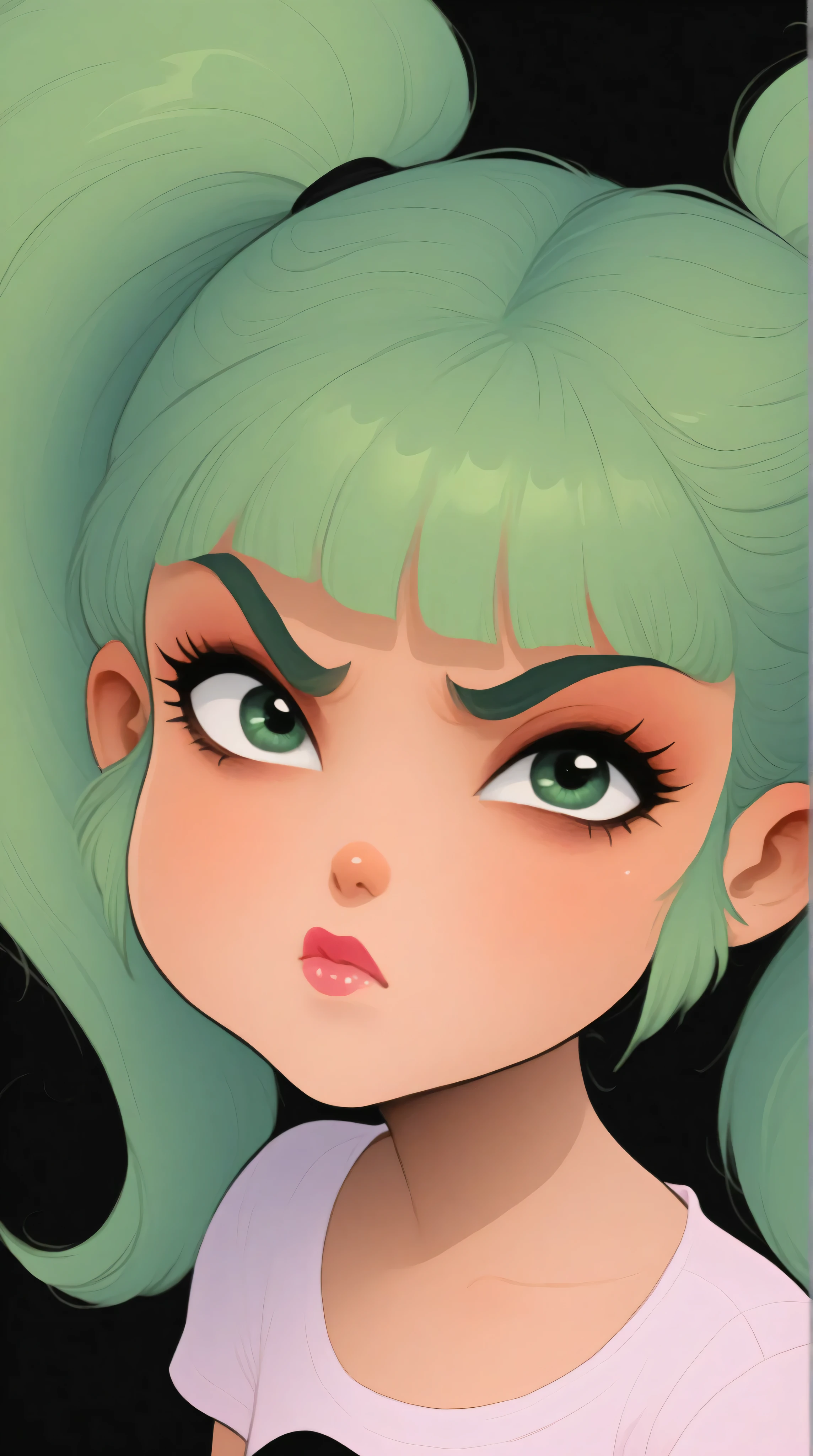 young korean goth girl, snapshot aesthetic, light black, greens, blacks, and whites, chinapunk, slender, karencore, high details, shadow, in motion, film still, kizi, clean background, black background, white background, green background, metallics, green hair, green eyes, annoyed, heavy makeup, shiny skin, 80s, retro, twin tails, punk