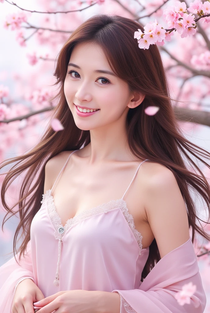 Cherry-blossom viewing、under the cherry tree、stand in underwear、beautiful scenery、blown by the wind、High resolution、smile、real photos、big beautiful breasts、Shiny skin、front photo、real japanese、wavy hair