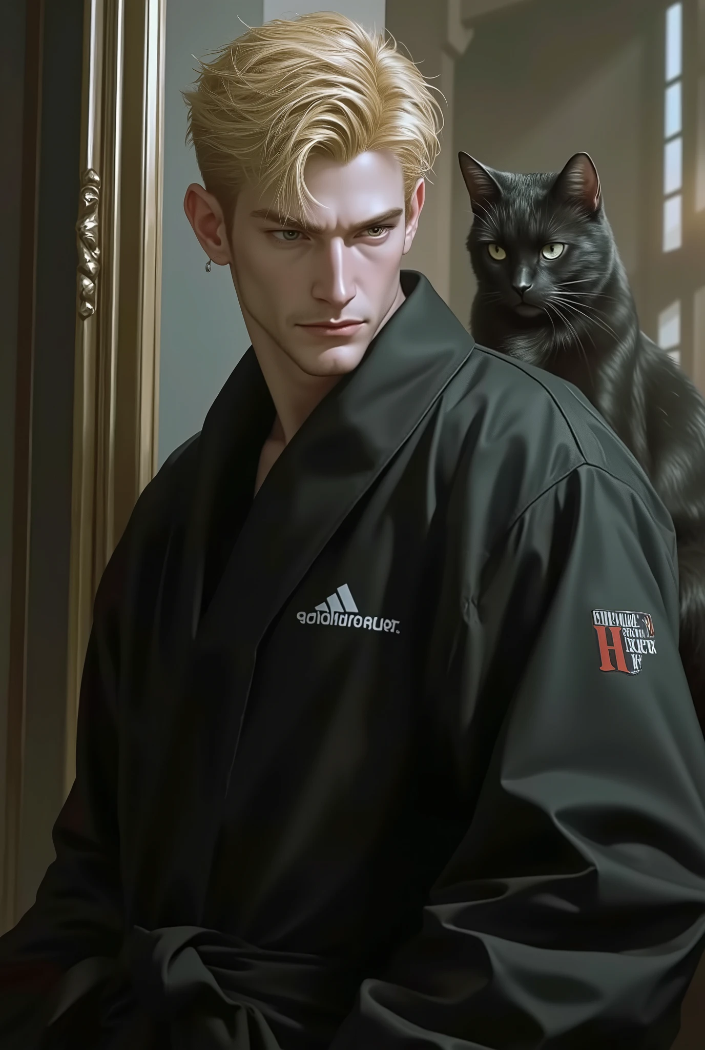 ( is very strong with the highest quality , masterpiece, 8 k, realistic, cinematic lighting , 1:, side view , ultra high definition , a beautiful , located in the center of the screen ), mature man , very beautiful , Short light yellow hair , blue eyes , Perfect face , no mistake , ((the black shower robe , CEO )), ((black cat ))