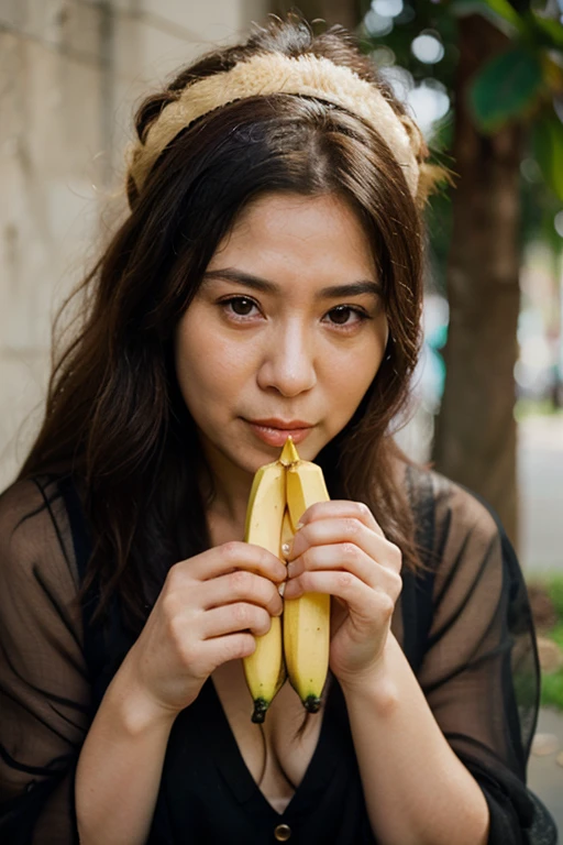 An invisible person wearing a full-sleeved shirt is sitting under a tree eating a banana.