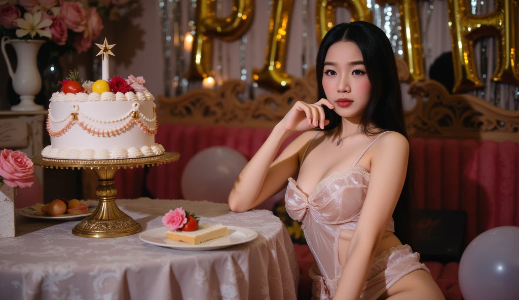 masterpiece、top-quality、in 8K,One girl、Detailed and elaborate girls、A beautiful and cute girl、Extraordinary beauty、Emphasized buttocks、Voluptuous body、Embarrassed look、red blush、Spiteful smile、kawaii faces、the perfect body、Perfect Style、full-shot,black hair,Long hair that reaches to the waistRed underwear、Underwear, woman sitting on top of a birthday cake with candles, happy birthday, very very happy!, happy!!!, by Helen Dahm, by Elaine Hamilton, amusing, very happy, happy, illustration!