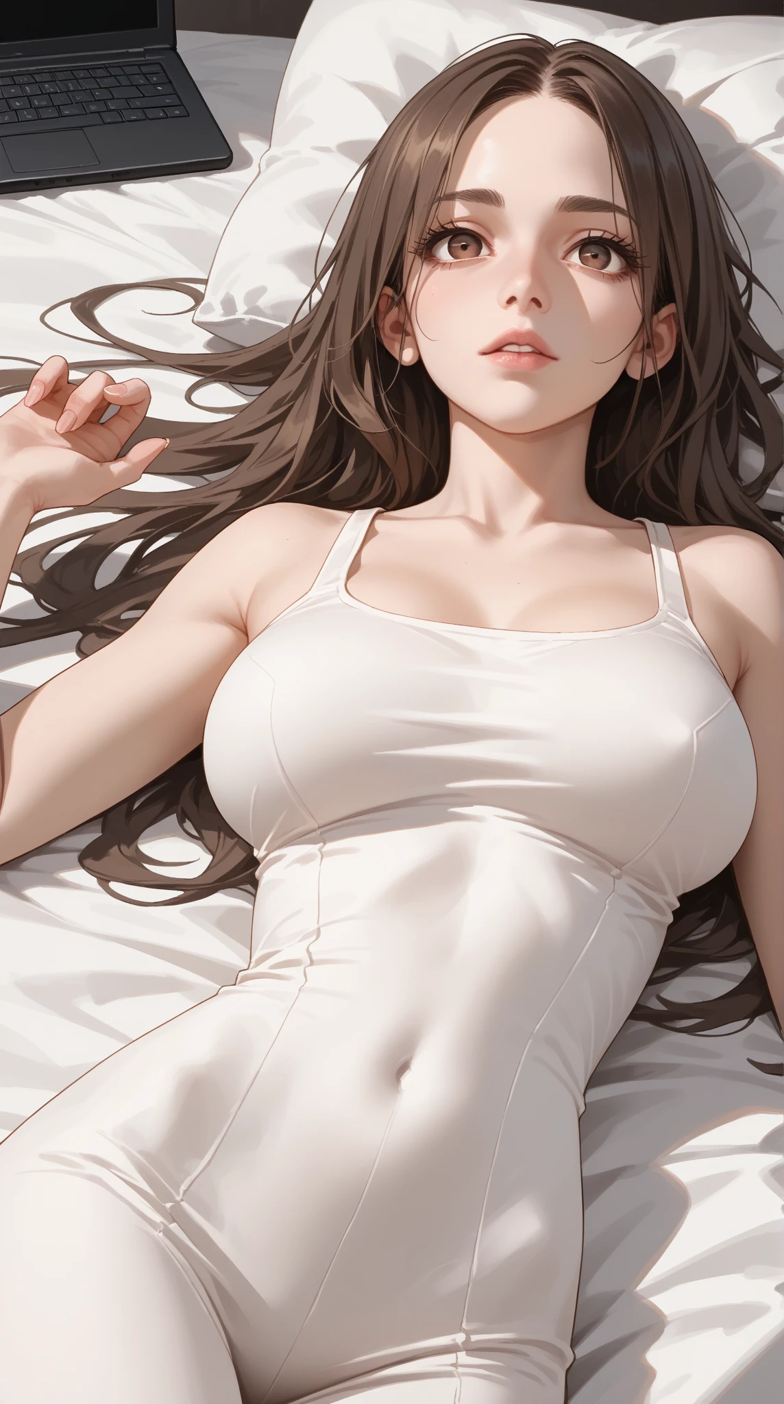 attractive korean woman, ripped muscle, muscular body, small breast, pale skin, smile(blush), bride dress, cross pendant, sixpack abs, [ultra detailed skin:1.2], brown hair, messy hair, 8k uhd, lying on bed,