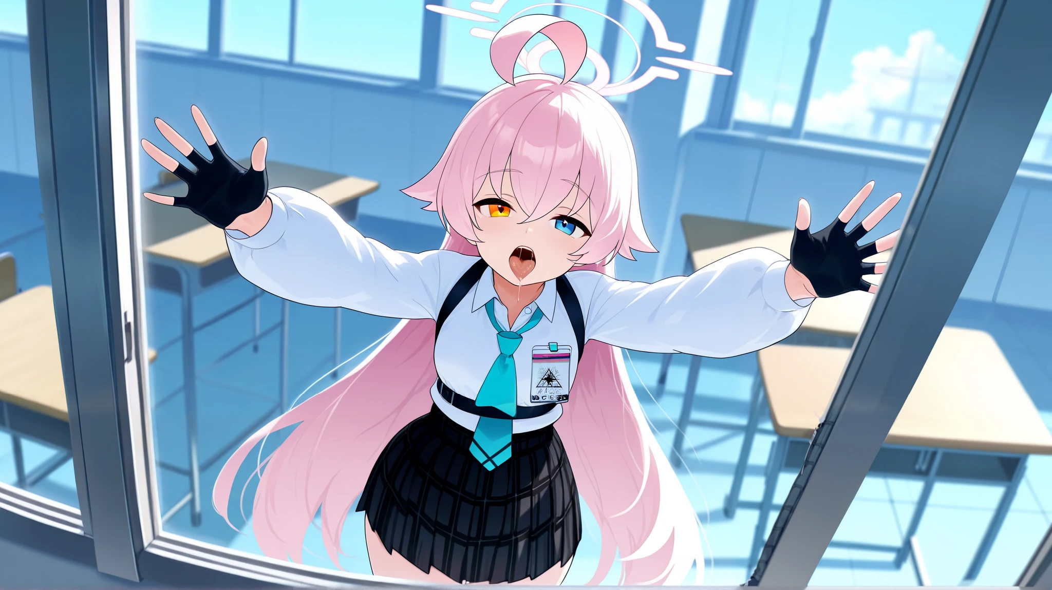 (Masterpiece, absurdres, topquality) 1girl, solo, hoshino \(blue archive\),heterochromia,long hair,pink hair,ahoge,halo,white shirt,plaid skirt,necktie,sneakers,id card, maturefemale, small breasts, small waist, big hips, big butt, looking at viewer, classroom, from outside the window, (day), front view, breasts against window, ahegao, saliva, drooling, standing