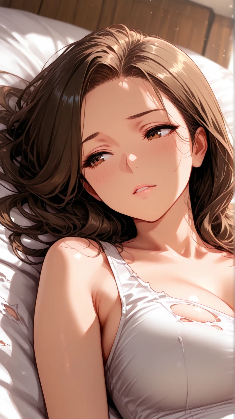 ((Browsing Caution:1.4, masterpiece, highest quality, High resolution, 超High resolution, Perfect Pixel, Depth of written boundary, 4K, RTTX 10.0, High resolution))), One girl, single, alone, she, Beautiful Anime Girls, Beautiful art style, Anime characters, ((Long Hair, bangs, Dark brown hair, Curly Hair)), ((Beautiful eyelashes)), ((Detailed face, Blushing:1.2)), ((Smooth texture:0.75, Realistic texture:0.5, Anime CG Style)), ((Medium chest, Cleavage)), indoor, Bedroom, Dynamic Angle, Big Breasts, Perfect body, Underarm, ((sleep in bed, (Lying on your back:1.5), sleepy, close your eyes, Lying in bed, sleeping pose, Wake up)), ((close, throw, cute, Shoot in the body, a sighing expression)), ((pink bra color, pink lingerie)), (Natural light, Reflection of light, morning scenery), Embarrassed expression, (Expressions of sexual pleasure:1.4), (Expression of enduring pain:1.2), The expression that you are holding back from going to the toilet