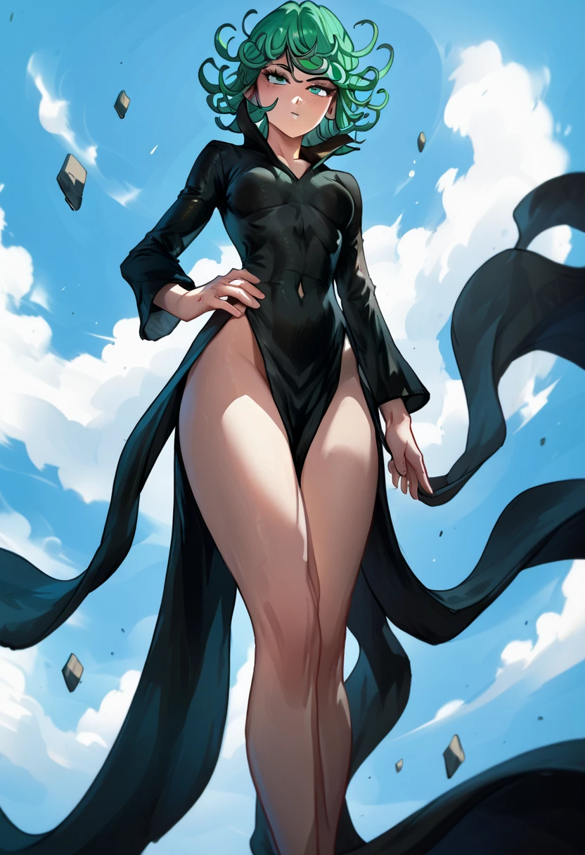 (masterpiece, best quality:1.2), cowboy shot, solo, 1girl, tatsumaki, lustful, closed mouth, looking at the viewer, ass, wide hips, black dress, transparent dress, blue sky, clouds, erotica, green aura