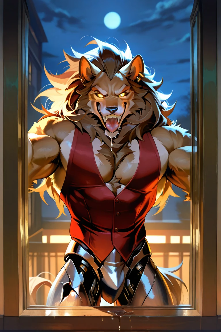 g
score_9, score_8_up, score_7_up, score_6_up, dynamic pose,masterpiece,anthro,solo, (Cornelius, Male, furry, Lion anthro, Medium muscular lion, no mane, brown, light brown lion, feline, long brown pony tail hair, lion ears, wearing tiny gold round glasses, , hands, standing, posing, good , arms, male , perfect , perfect body no defects, hands, 5 fingers, perfect hands, completely perfect body, 4k (Realistic eye details 1.2), fluffy fur, source anime, best quality, anthro, A muscular lion man with a strong build. He has a well-defined jawline and a serious expression. His fur is brown, pony tail long, and he has no mane., mature male, anthro, feline, animatronic, robot, good drawn sharp teeth, no blur, red body, claws,sharp teeth, gold tooth, gold (metal),shredded ears, animal ears,ear piercing,jewlery, white sclera, yellow eyes, male,countershade,fur,white sclera,tall male,hairy male,one hooked hand,muscular male,damaged body,black robotic legs,damaged pec,high angle,close up. Fnaf, Pizzeria background. by null-ghost, masterpiece, best quality , furry, wolf, Two tons of fur, ( black fur :0.8), Broad shoulders, Narrow waist, teeth, ghost, , hair, night, animatronic, robust body, friendly appearance, blue and white metallic fur, red vest, and gold accents, glowing eyes, warm smile, big dumb smile, Highly detailed, High Quality, Masterpiece, beautiful , looking at viewer, , expression, mouth open, drooling, tongue lolling, crouched on a window still, night time, excessive pre, front view, low angled view, bedroom