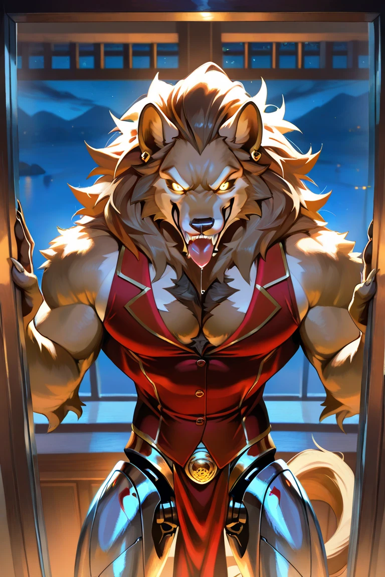 g
score_9, score_8_up, score_7_up, score_6_up, dynamic pose,masterpiece,anthro,solo, (Cornelius, Male, furry, Lion anthro, Medium muscular lion, no mane, brown, light brown lion, feline, long brown pony tail hair, lion ears, wearing tiny gold round glasses, , hands, standing, posing, good , arms, male , perfect , perfect body no defects, hands, 5 fingers, perfect hands, completely perfect body, 4k (Realistic eye details 1.2), fluffy fur, source anime, best quality, anthro, A muscular lion man with a strong build. He has a well-defined jawline and a serious expression. His fur is brown, pony tail long, and he has no mane., mature male, anthro, feline, animatronic, robot, good drawn sharp teeth, no blur, red body, claws,sharp teeth, gold tooth, gold (metal),shredded ears, animal ears,ear piercing,jewlery, white sclera, yellow eyes, male,countershade,fur,white sclera,tall male,hairy male,one hooked hand,muscular male,damaged body,black robotic legs,damaged pec,high angle,close up. Fnaf, Pizzeria background. by null-ghost, masterpiece, best quality , furry, wolf, Two tons of fur, ( black fur :0.8), Broad shoulders, Narrow waist, teeth, ghost, , hair, night, animatronic, robust body, friendly appearance, blue and white metallic fur, red vest, and gold accents, glowing eyes, warm smile, big dumb smile, Highly detailed, High Quality, Masterpiece, beautiful , looking at viewer, , expression, mouth open, drooling, tongue lolling, crouched on a window still, night time, excessive pre, front view, low angled view, bedroom