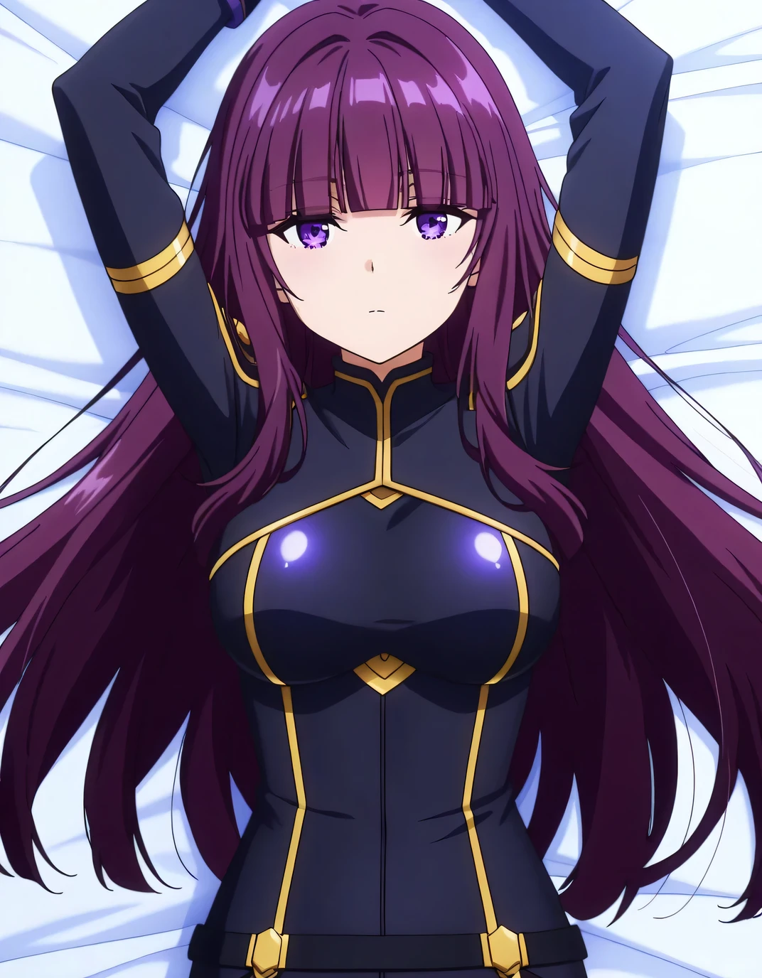 sdeta, purple hair, blunt bangs, long hair, purple eyes,
black bodysuit, gold trim, anime screencap, shiny skin, high quality, solo, lying, on back, arms up, legs apart, closed mouth, on bed, from above, three-quarter portrait, looking at viewer, expressionless, best quality,